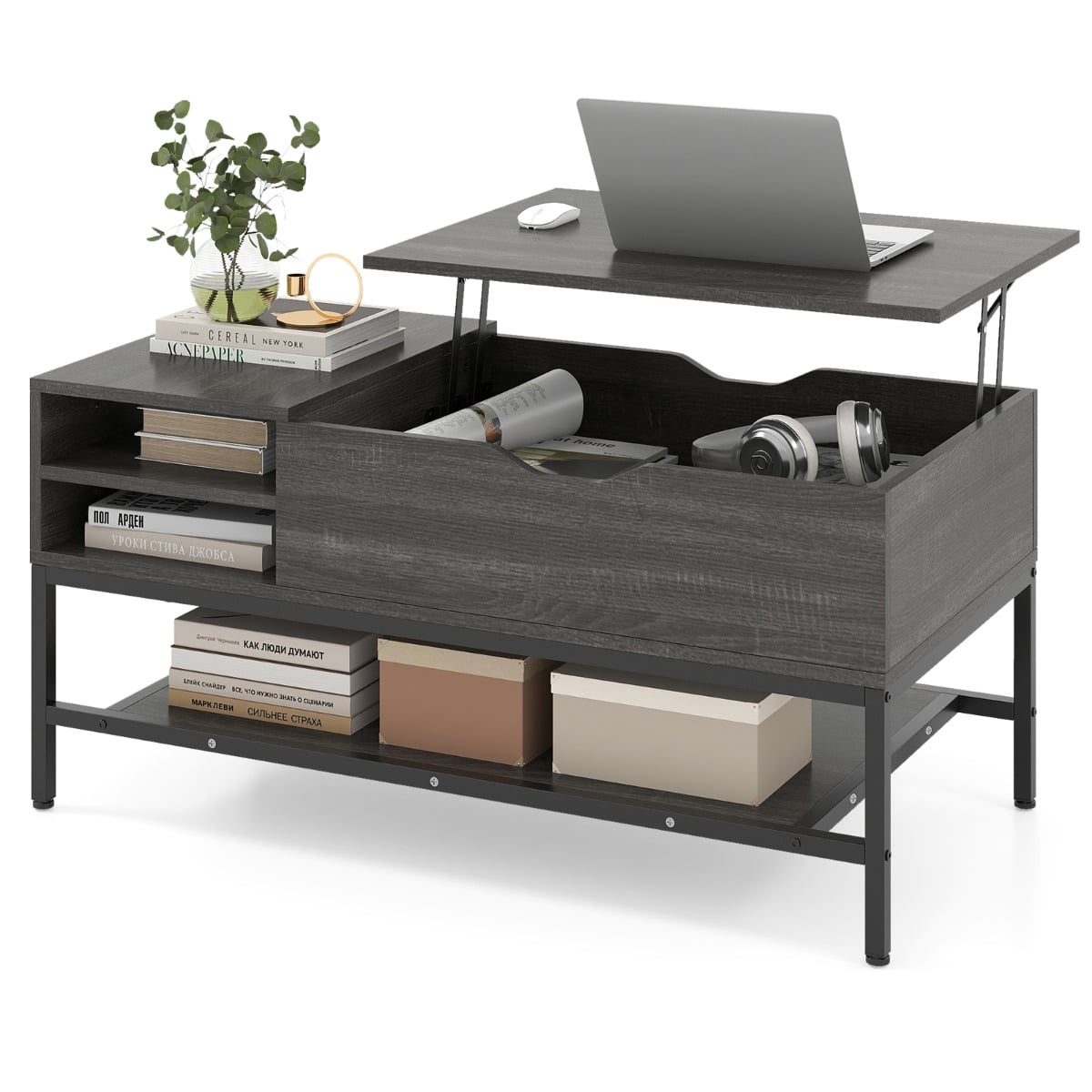 CALIX Lift Top Coffee Table with Hidden Compartment and Storage Shelf-Grey - Savings Store