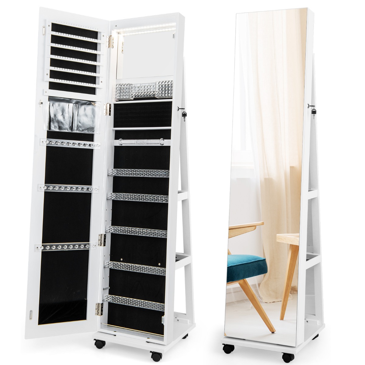 Lockable Jewelry Cabinet Armoire with Built-in Makeup Mirror and 3-Color LED Lights-White - Savings Store