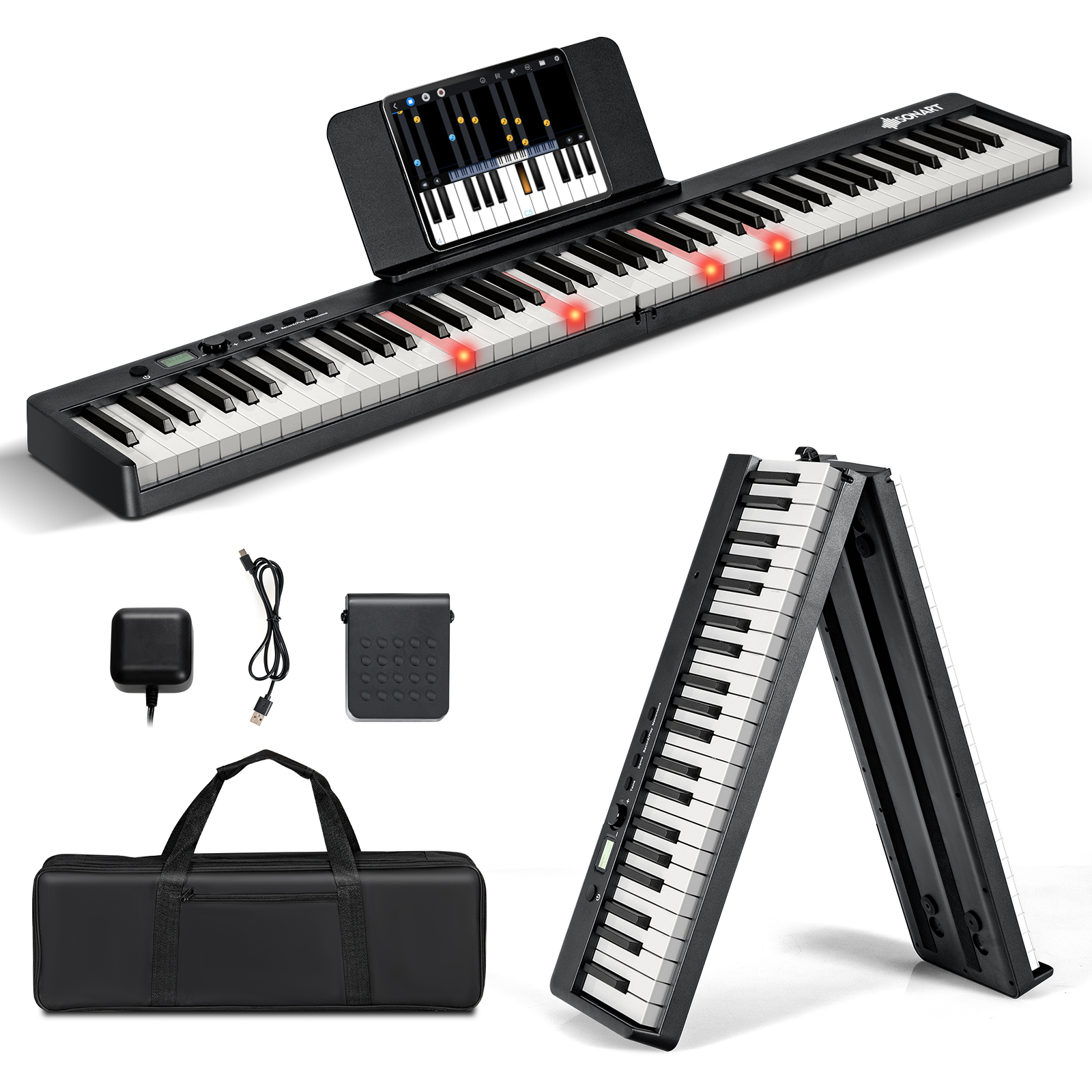 88-Key Folding Electric Piano Keyboard with Full-Size Lighted Key-Black - Savings Store