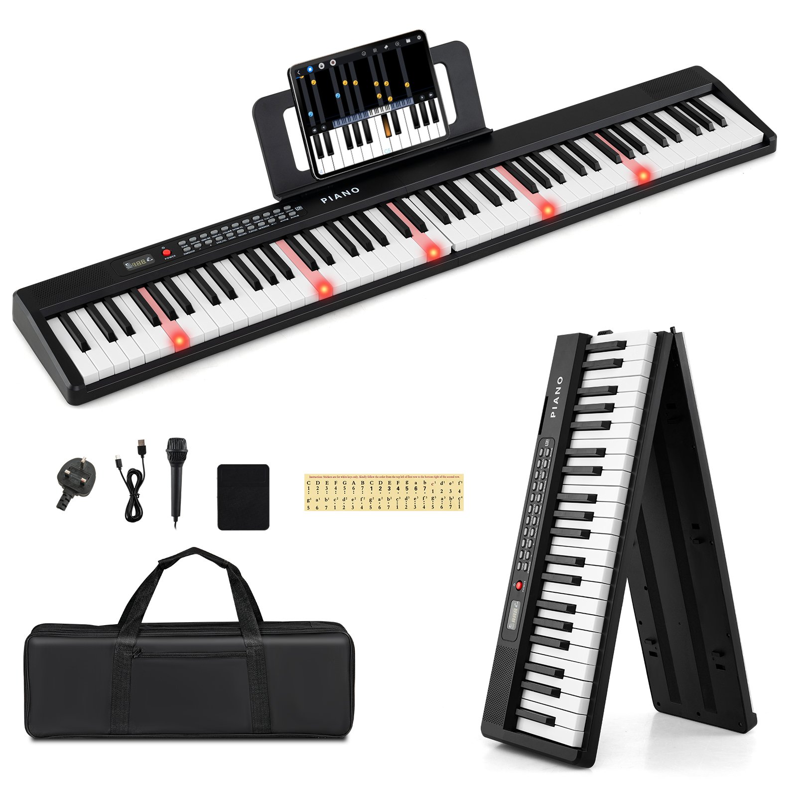 88 Key Foldable Piano Keyboard with MIDI Wireless Connection and Microphone-Black - Savings Store