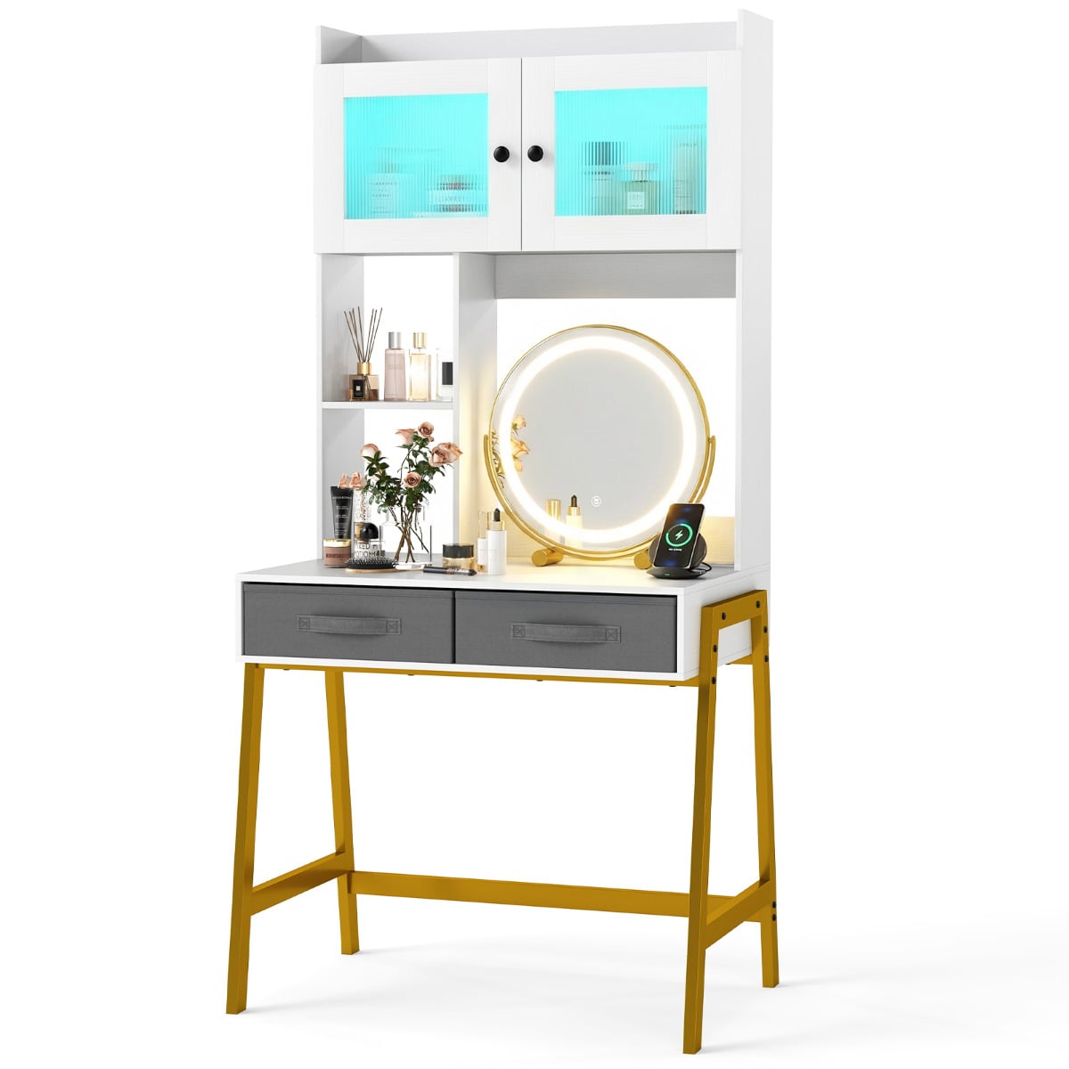 ZAVOR Makeup Vanity Desk with Rotating Mirror and Adjustable Light-White - Savings Store
