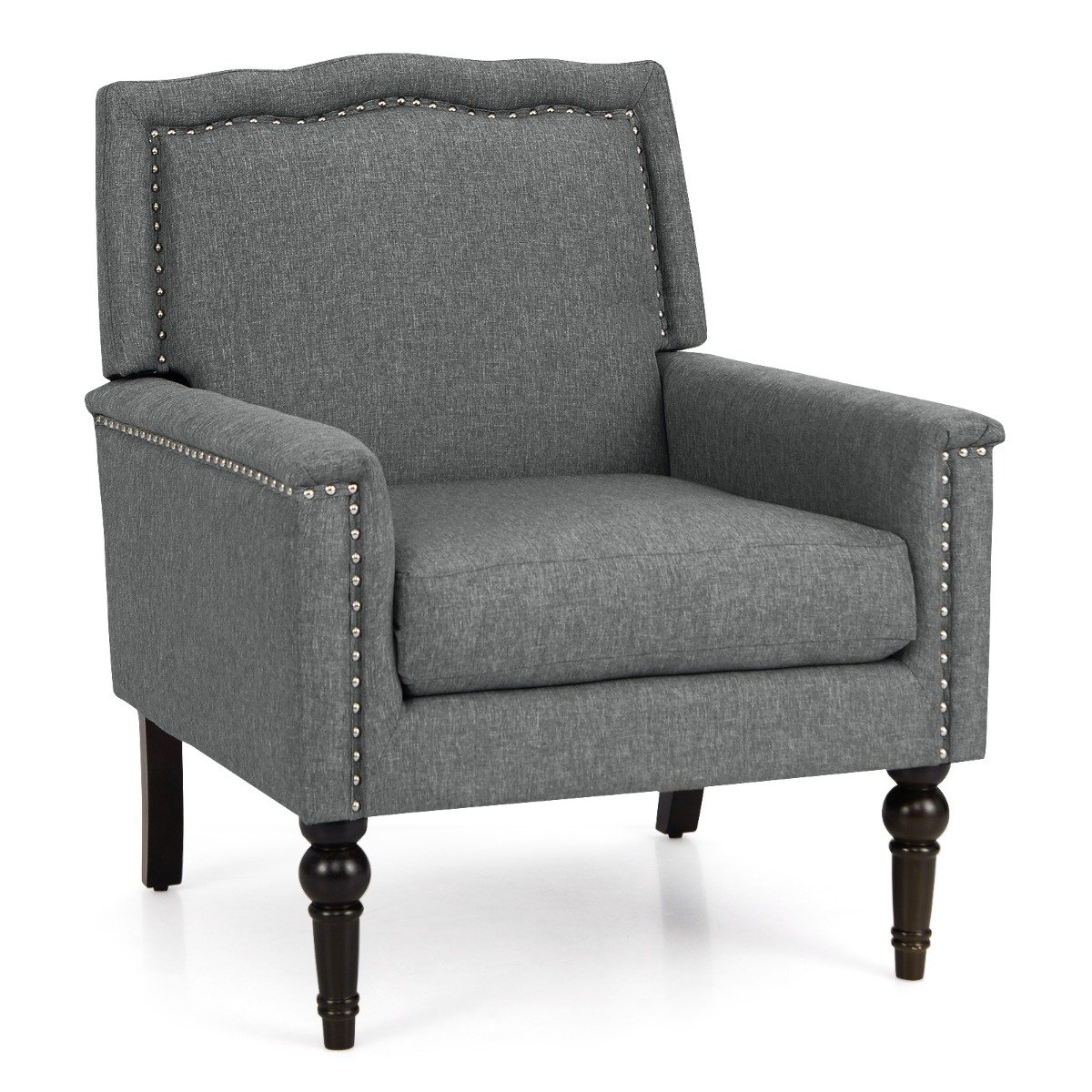 Armchair - Mid-century Modern Armchair with Thick Cushion Rubber Wood Legs-Grey - Savings Store
