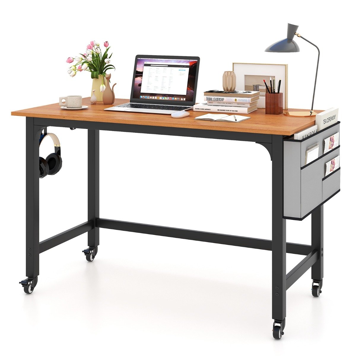 Computer Desk - Mobile Computer Desk with Storage Bag and 2 Headphone Hooks Teak 120cm - Savings Store