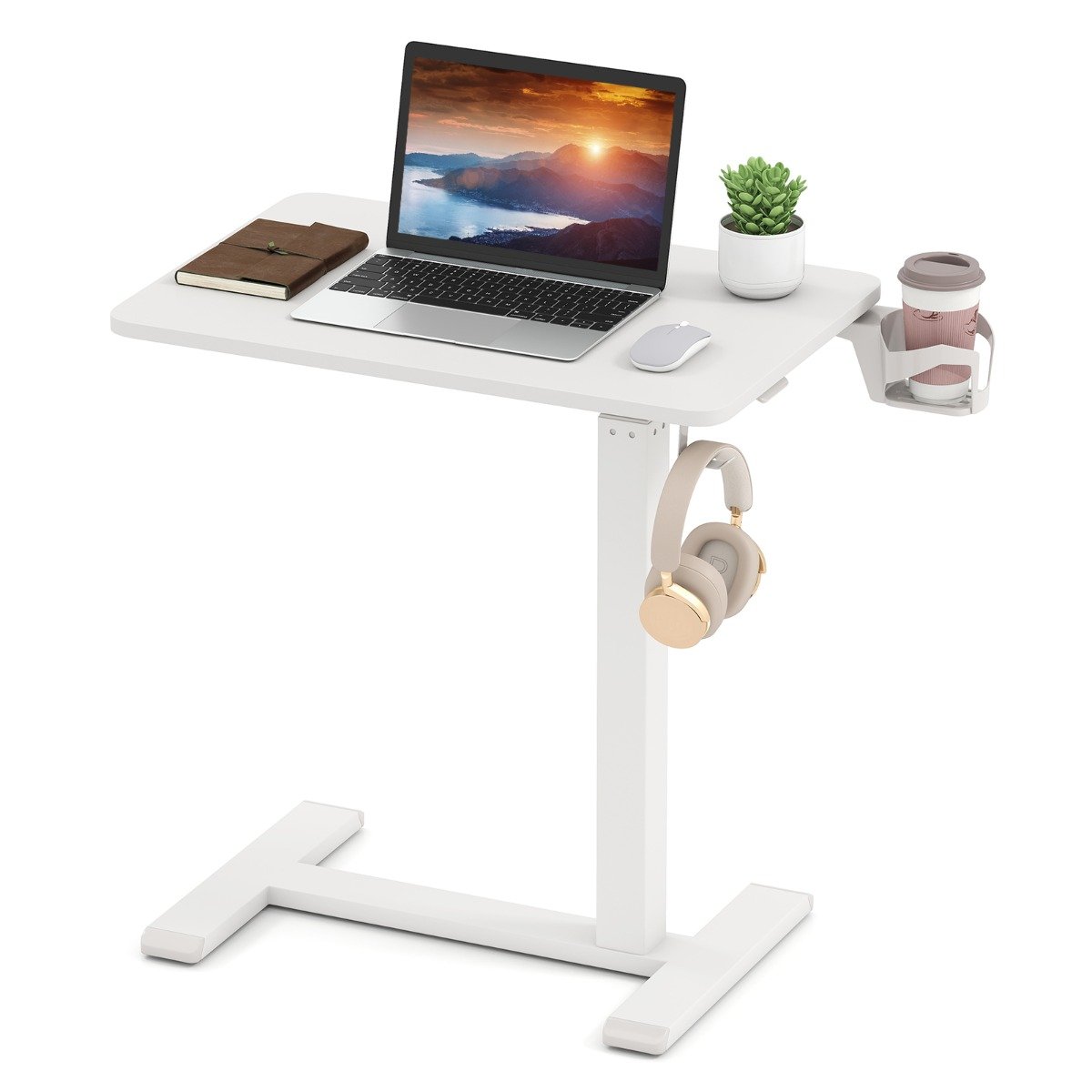 XOLU Height Adjustable Overbed Bedside Table with Cup Holder and Headphone Hook-White - Savings Store