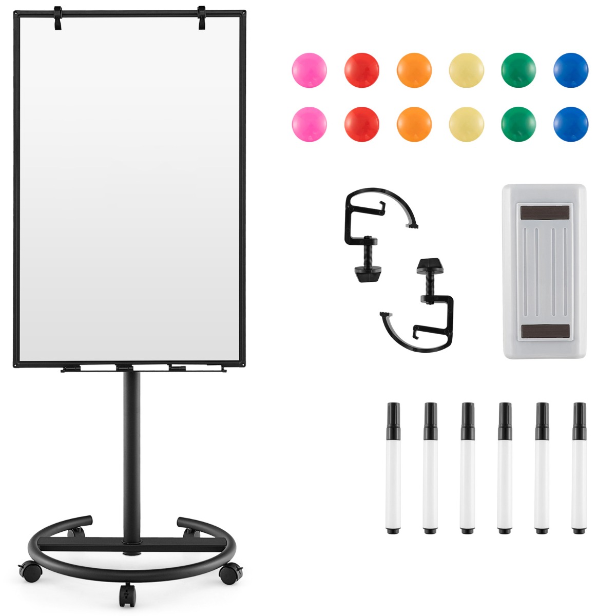 100 cm x 65 cm Height-Adjustable Magnetic Whiteboard on Wheels-Black & White - Savings Store