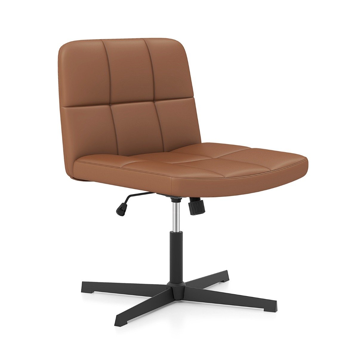 Office Chair - PU Leather Upholstered Armless Cross Legged Office Desk Chair No Wheels Brown 70cm - Savings Store