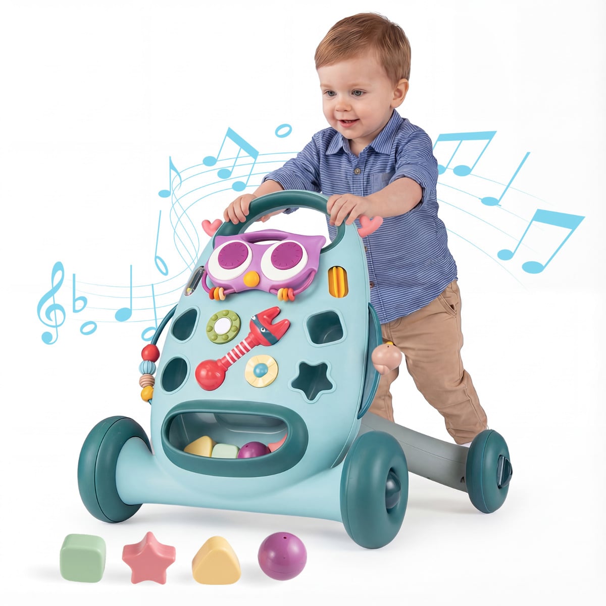 WYNOR Montessori Baby Walker with Shape Sorter & Toy Panel-Blue - Savings Store