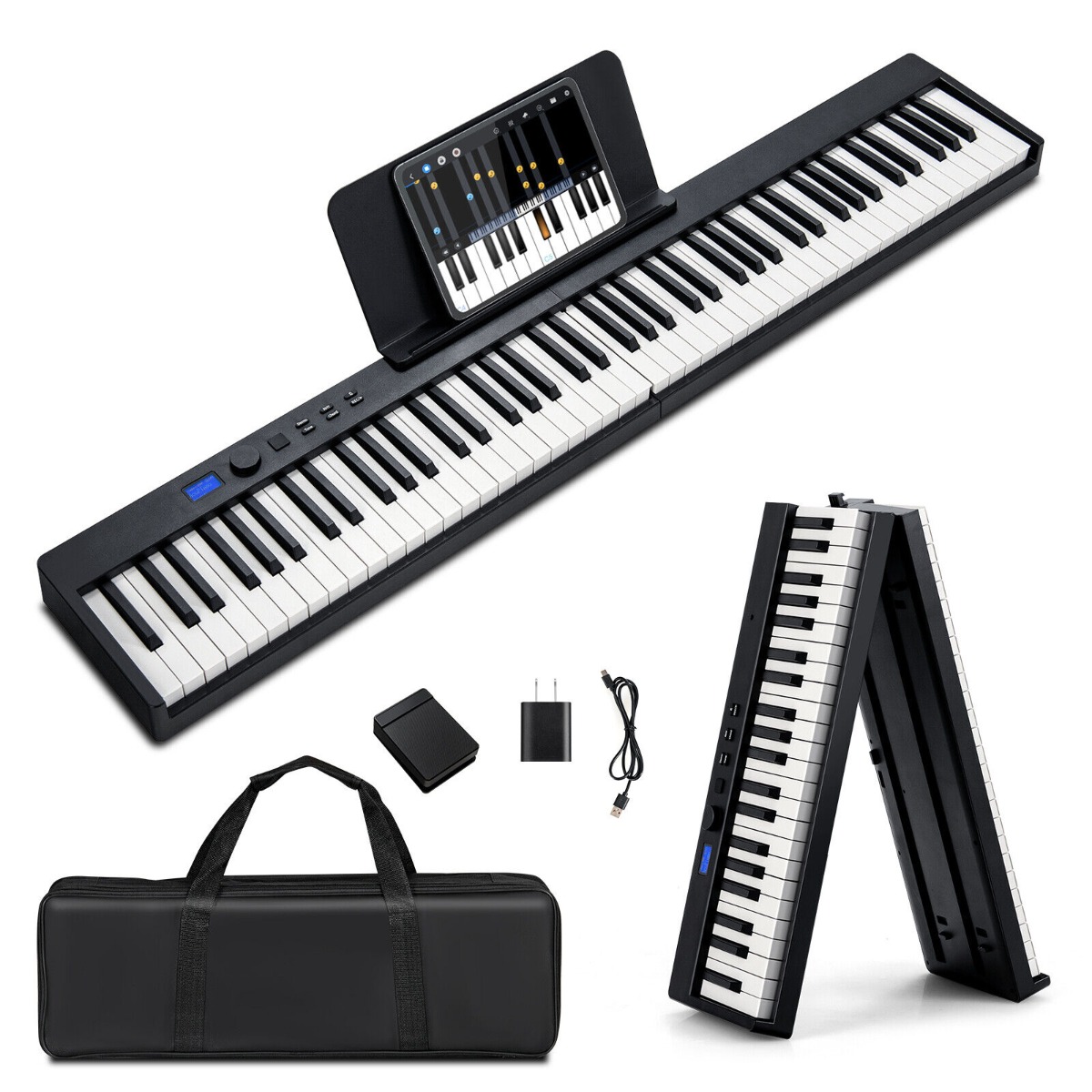 88-Key Foldable Full-Size Semi-Weighted Digital Piano Keyboard with MIDI-Black - Savings Store