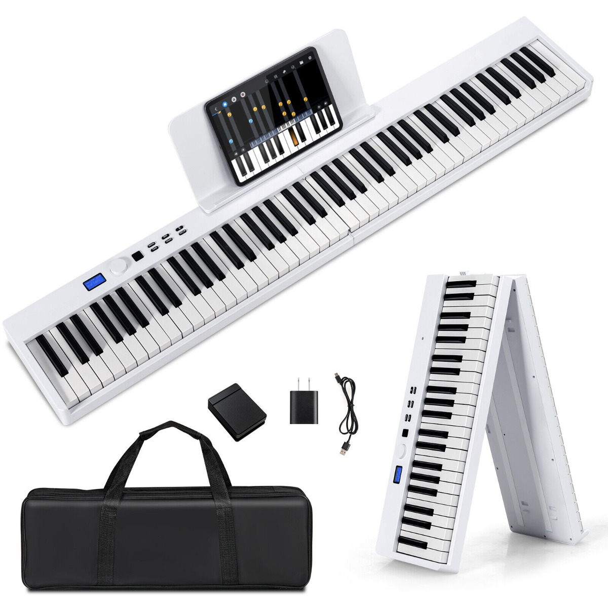88-Key Foldable Full-Size Semi-Weighted Digital Piano Keyboard with MIDI-White - Savings Store