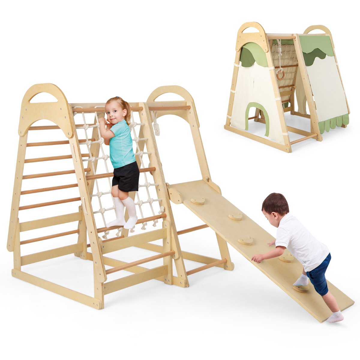 TARLON Multi-functional Kid's Climbing Toy with Slide and Climbing Net-Natural - Savings Store