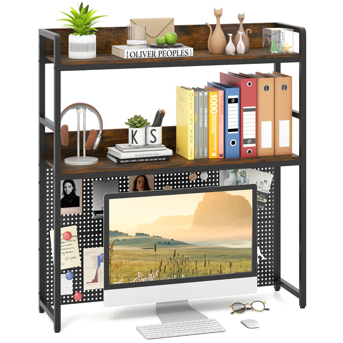 Multipurpose 2-Tier Desk Hutch with Pegboard for Home Office-Rustic Brown - Savings Store