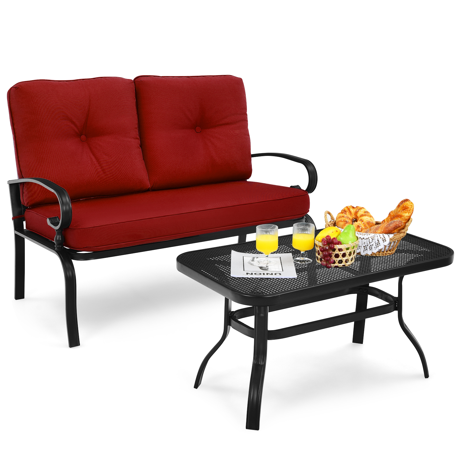 Garden Furniture Set with 2 Seat Cushioned Sofa and Coffee Table-Red - Savings Store
