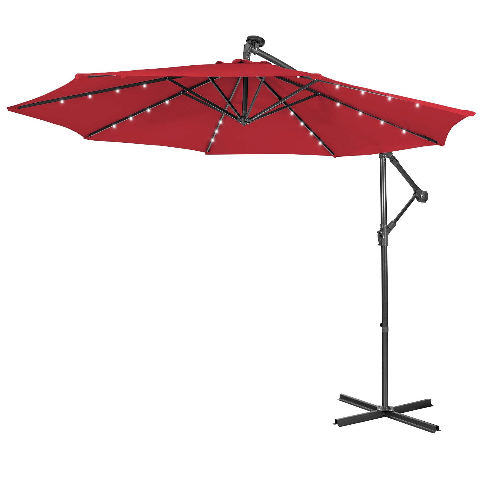 Garden Parasol - 10 ft Cantilever Umbrella with 32 Solar-Powered LED Lights for Backyard Poolside Market-Wine - Savings Store