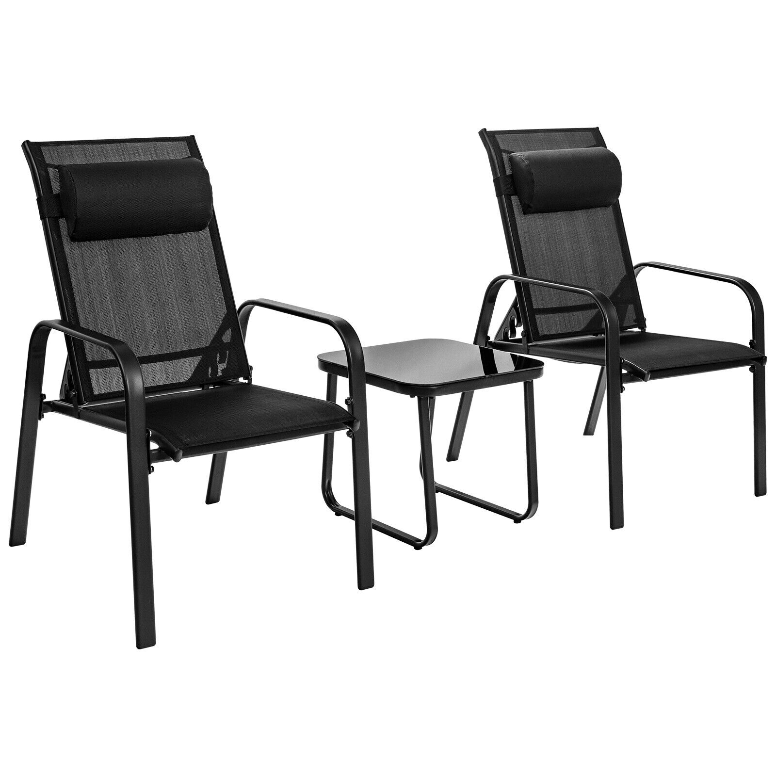 3 Pieces Patio Bistro Set with Coffee Table and 2 Stackable Chairs-Black - Savings Store
