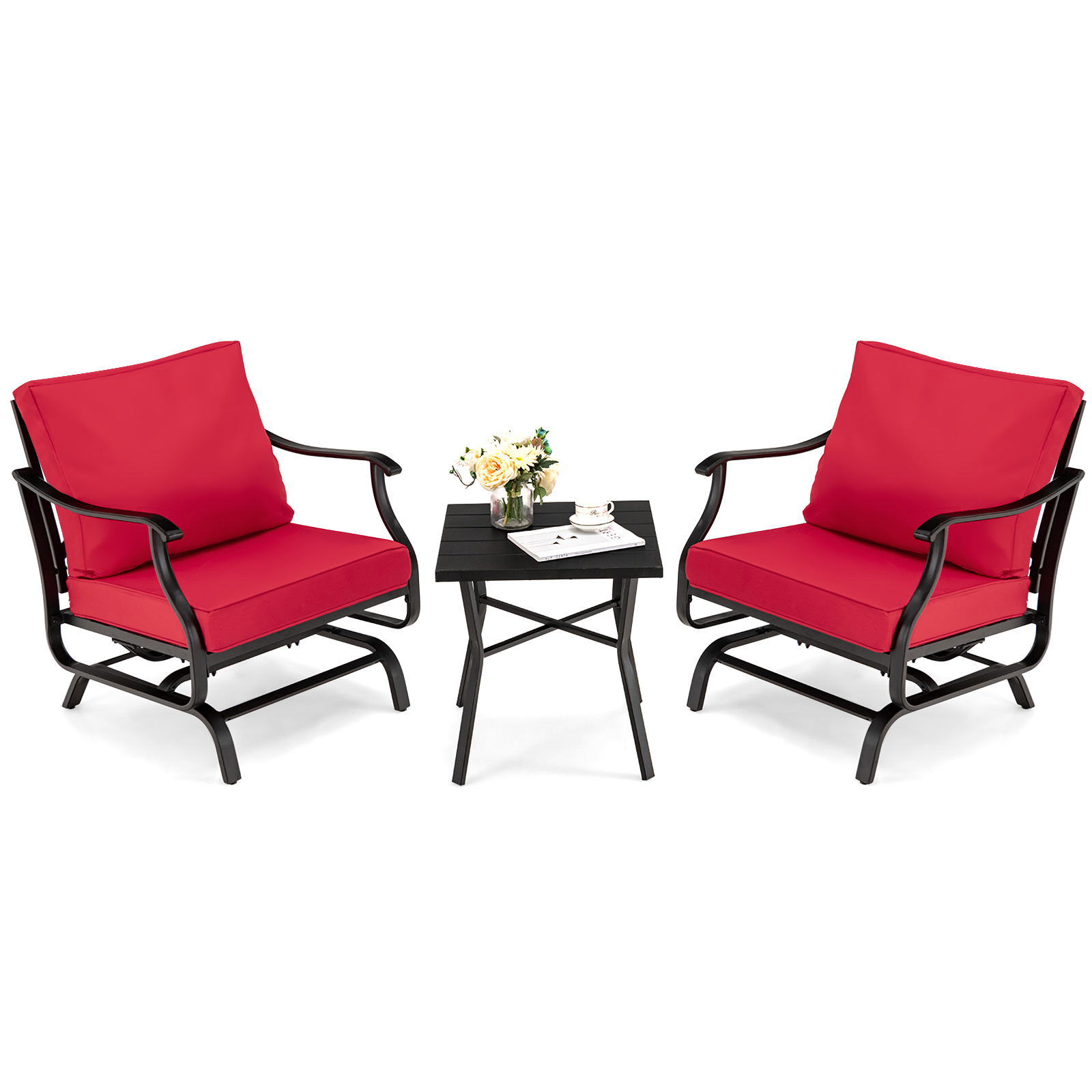 3 Pieces Rocking Garden Furniture Set with Cushions for Balcony Yard-Red - Savings Store