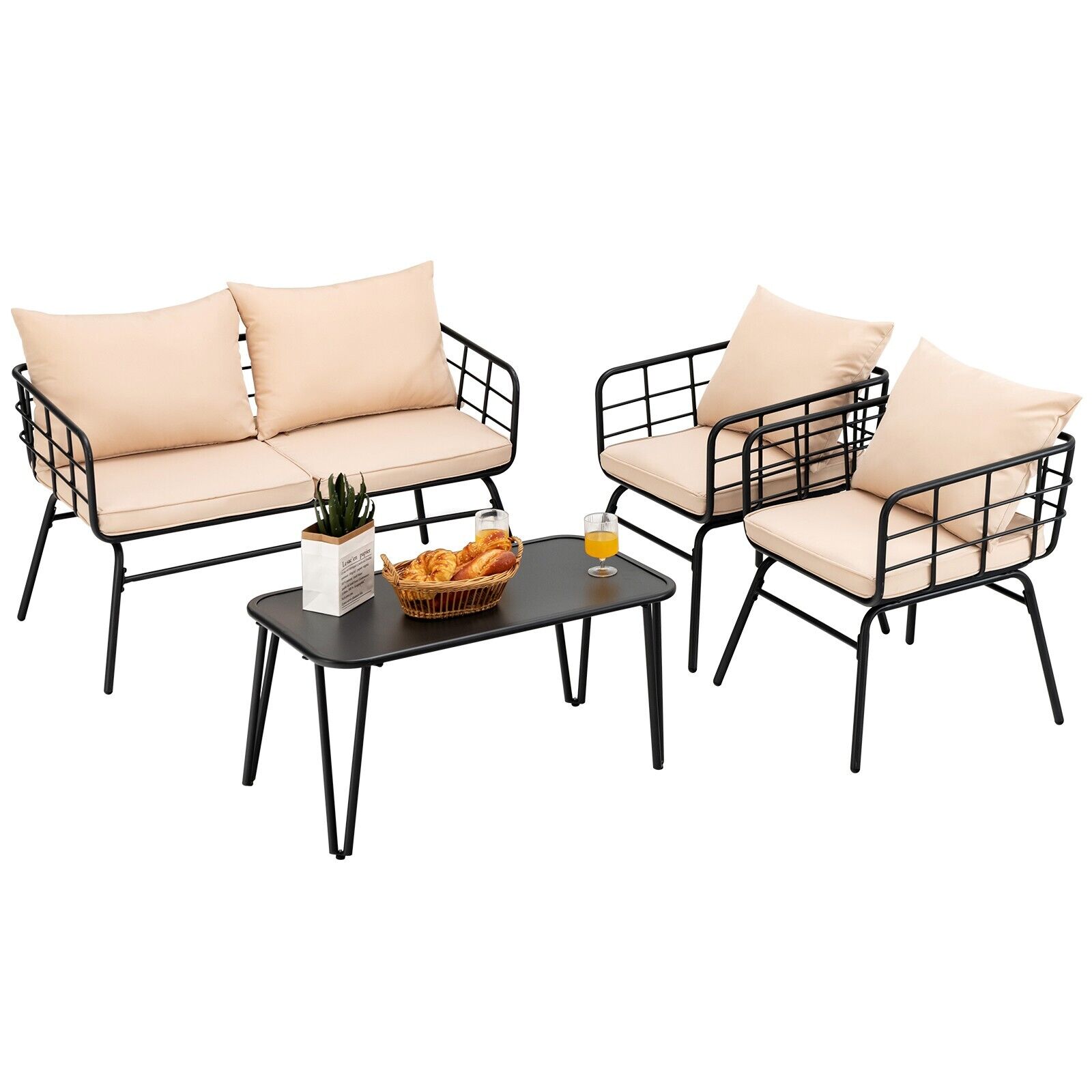 4 Piece Patio Conversation Set with Seat Back Cushions-Beige - Savings Store