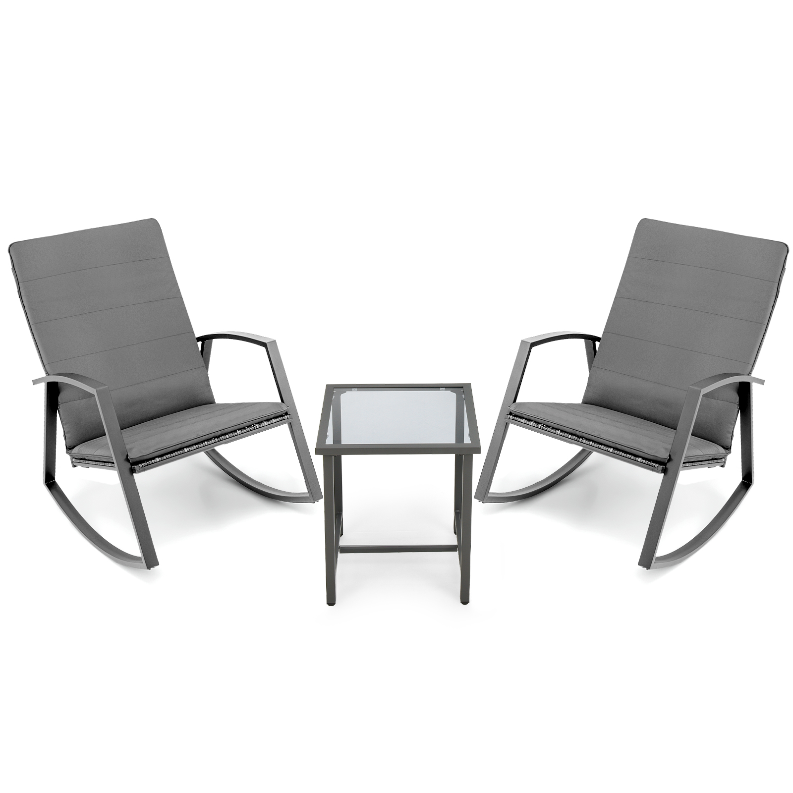 PE Rattan Rocking Chairs with Tempered Glass Side Table-Grey - Savings Store