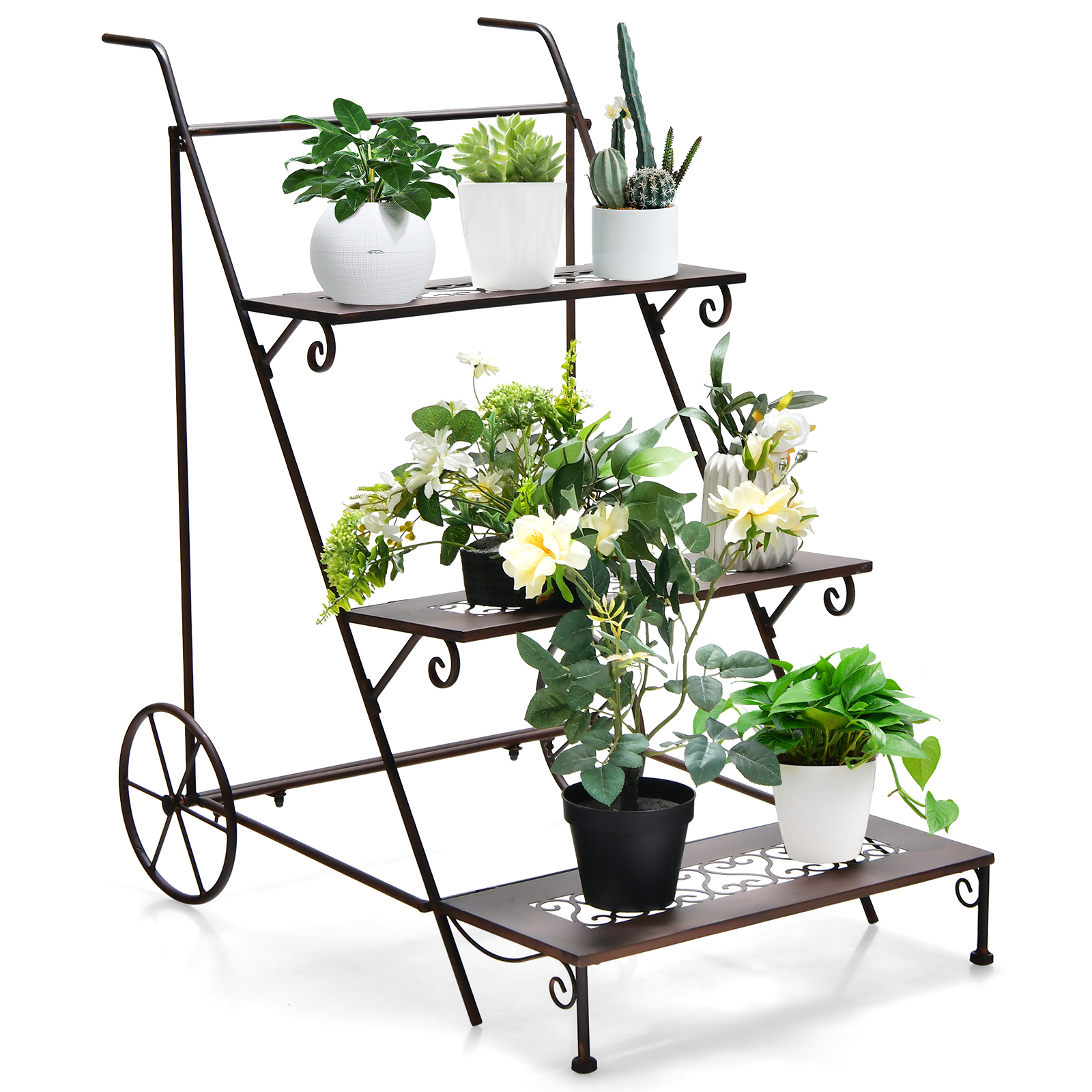 3-Tier Ladder Shaped Metal Plant Stand with Wheels and Handle - Savings Store