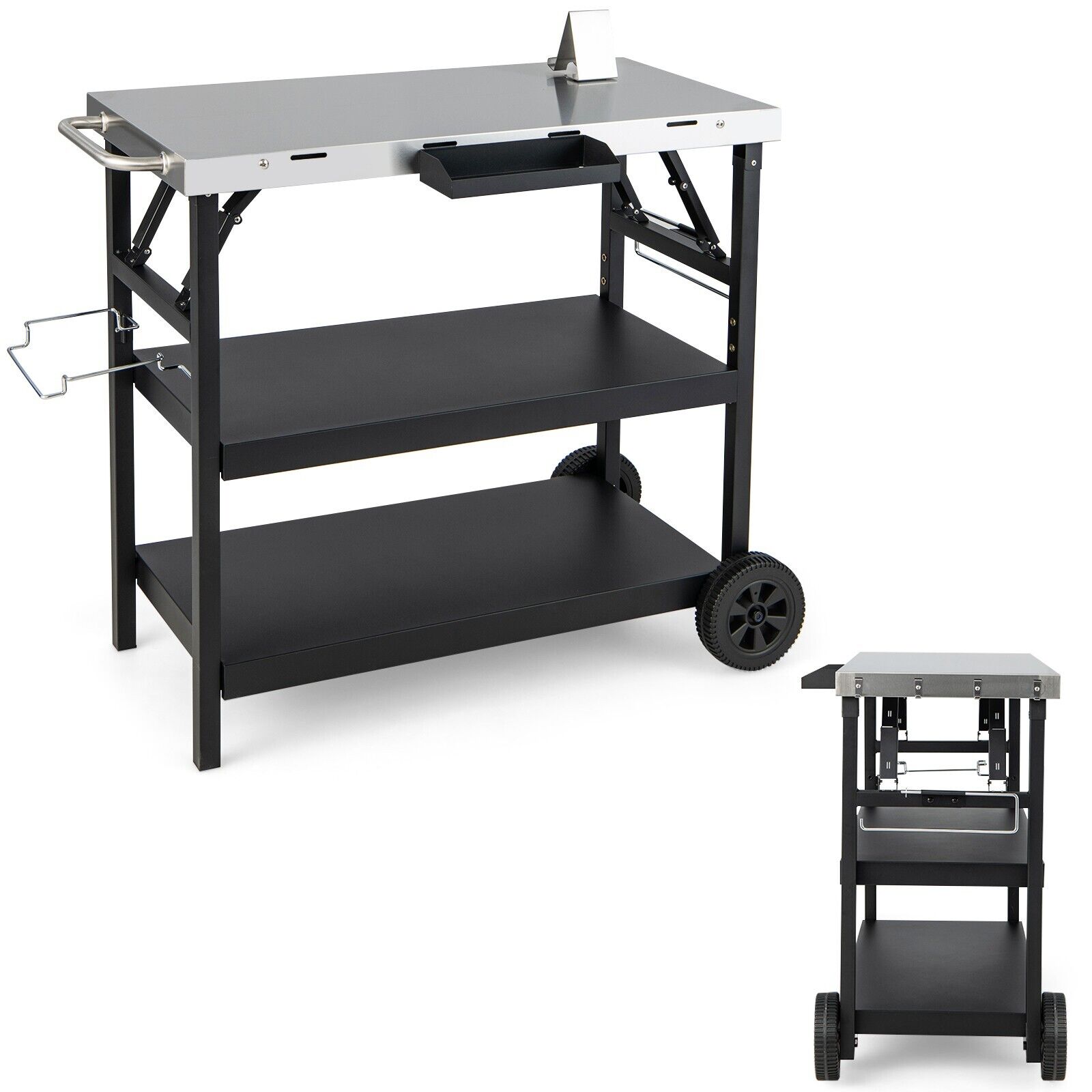 3-Tier Foldable Stainless Outdoor Cart with 2 Wheels-Black - Savings Store