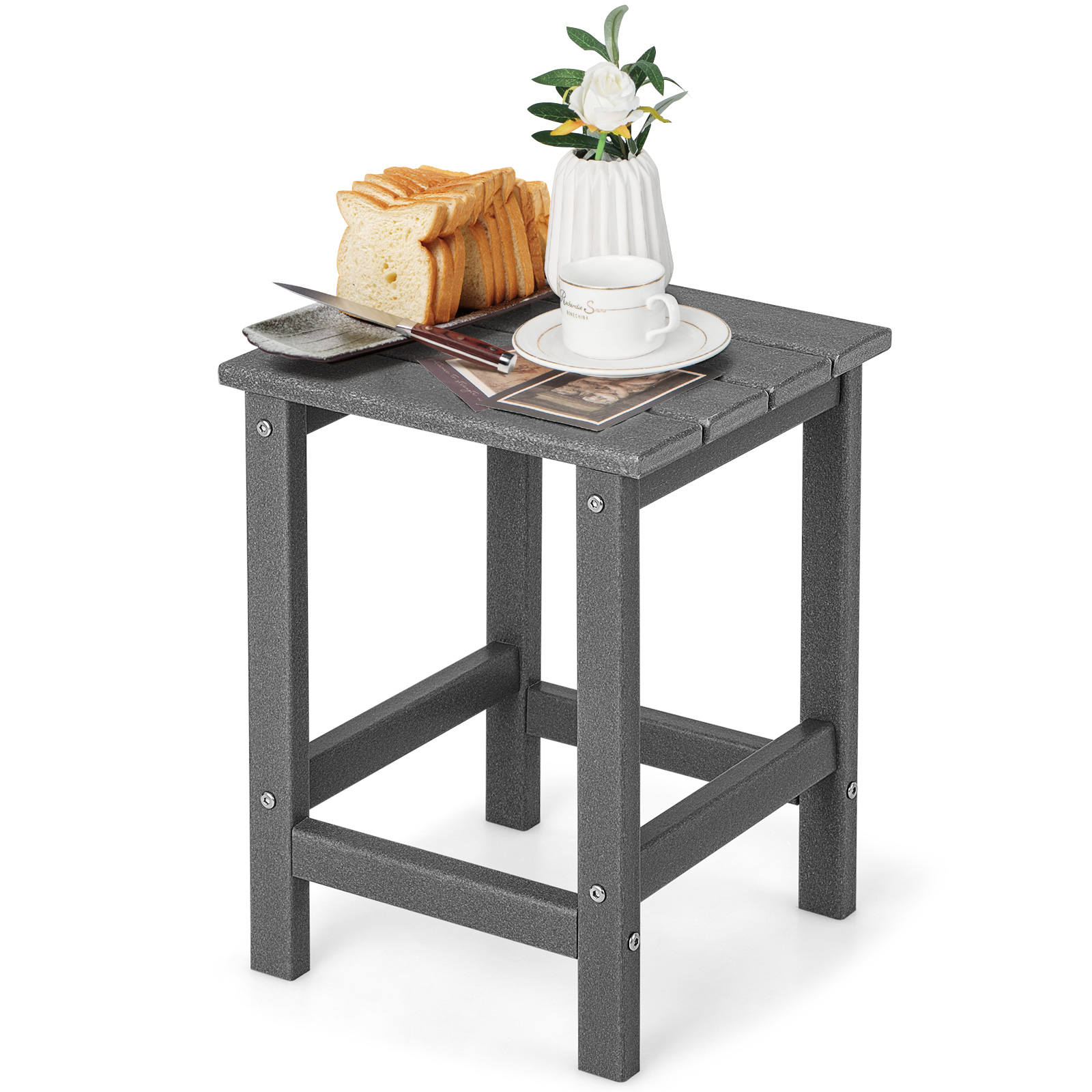 Patio Square HDPE Side Table for Balcony Backyard Lawn-Grey - Savings Store