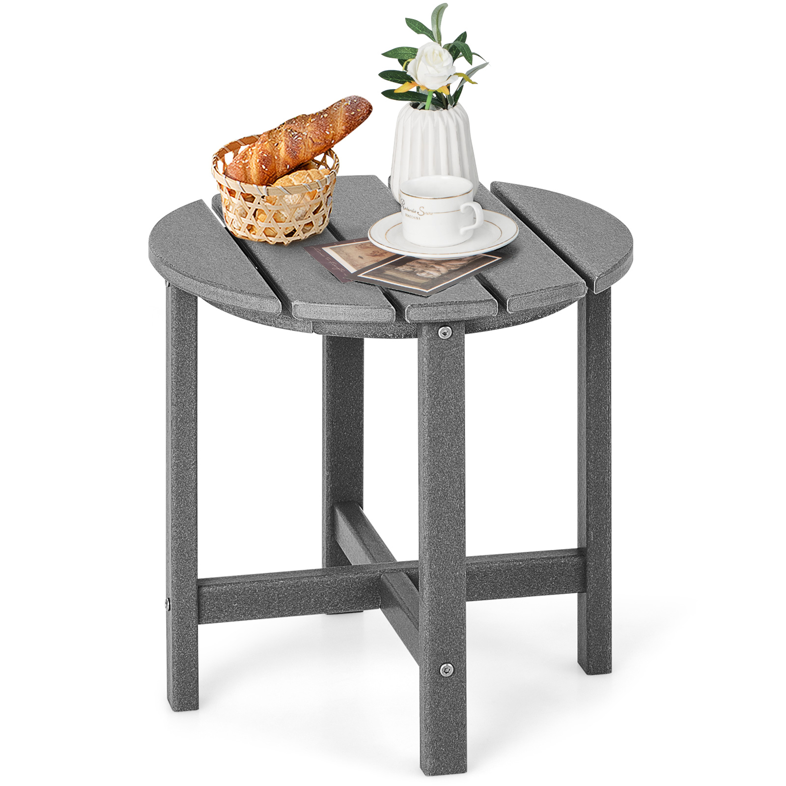 Patio Round HDPE Side Table for Yard Porch Garden-Grey - Savings Store