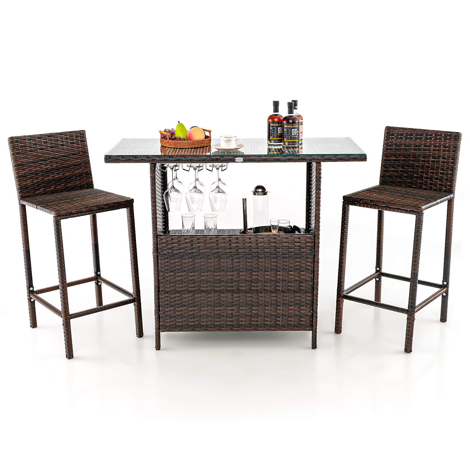 3 Pieces Patio Wicker Bar Height Table and Chair Set with 3 rows stemware racks - Savings Store