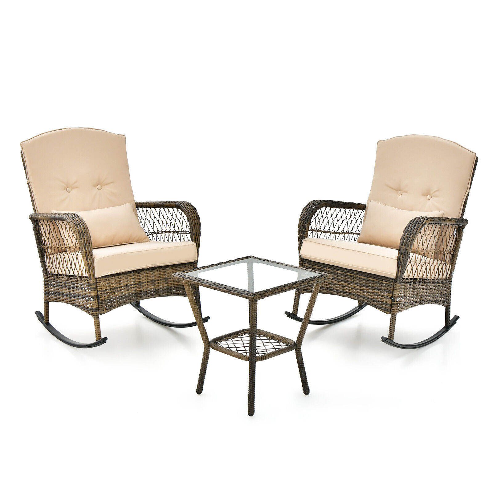 3 Piece Outdoor Rocking Chair Set with Cozy Cushions and Pillow-Beige - Savings Store