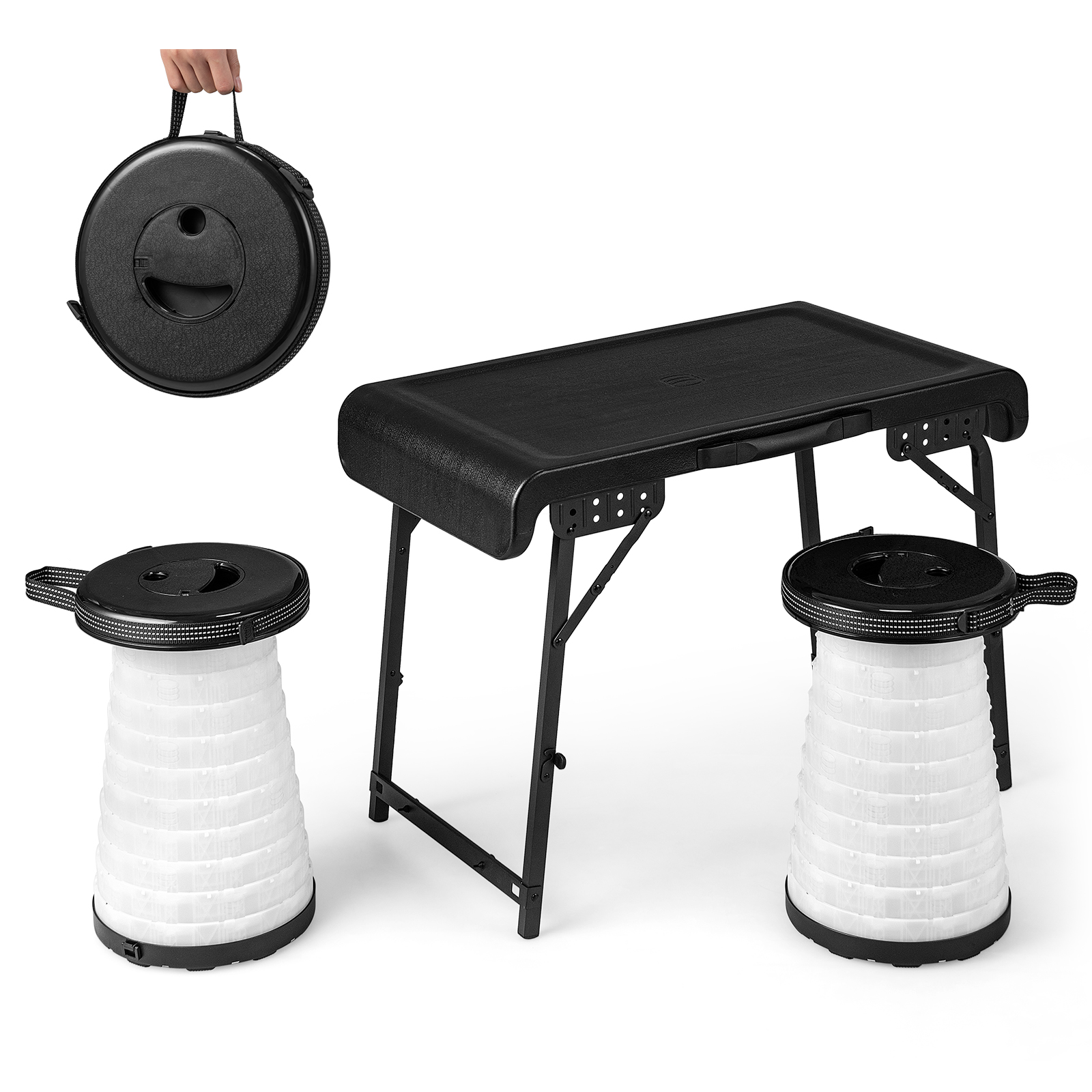 3-Piece Folding Table Stool Set with a Camping Table and 2 Retractable LED Stools-Black - Savings Store