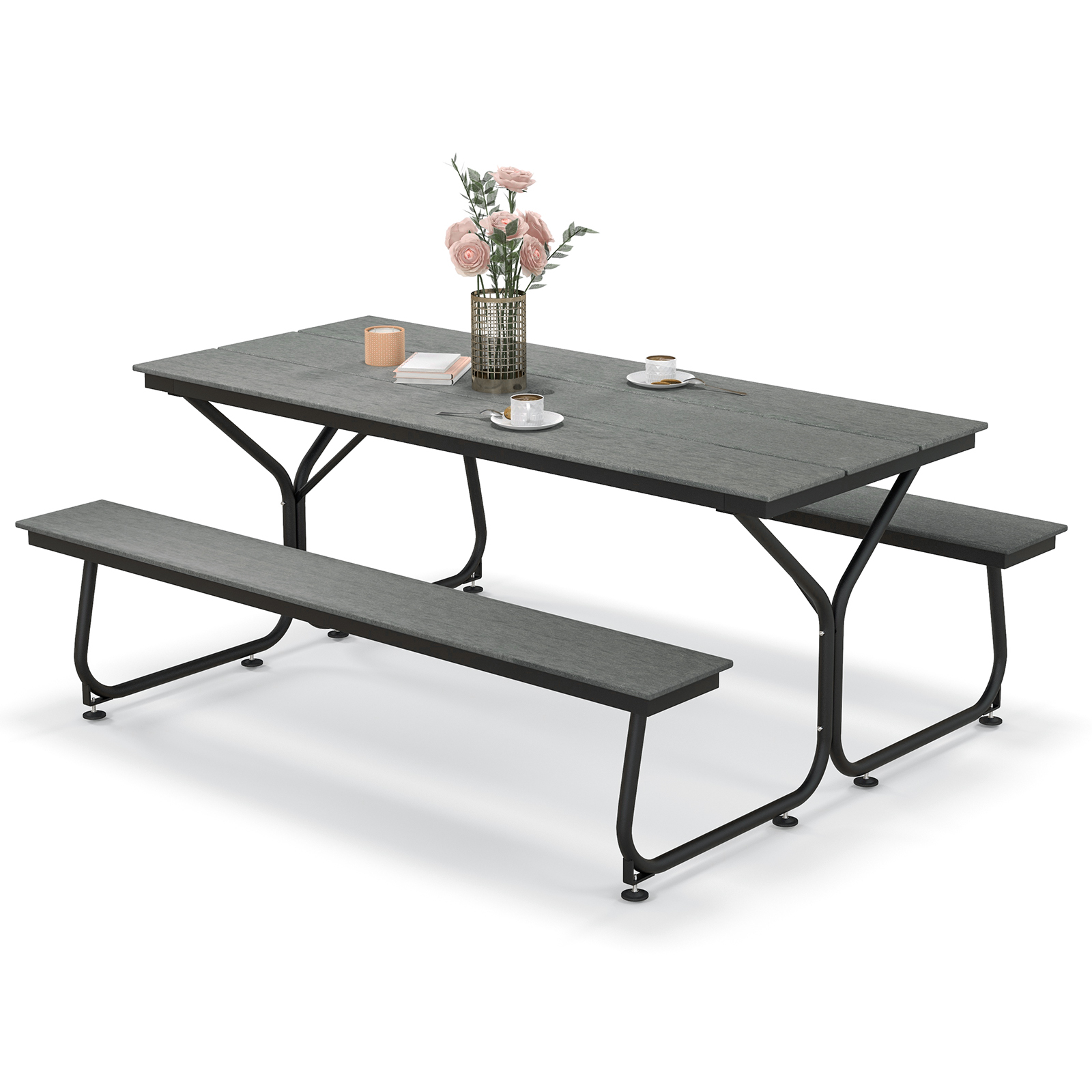 Outdoor Picnic Table Bench Set for 6-8 People-Grey - Savings Store
