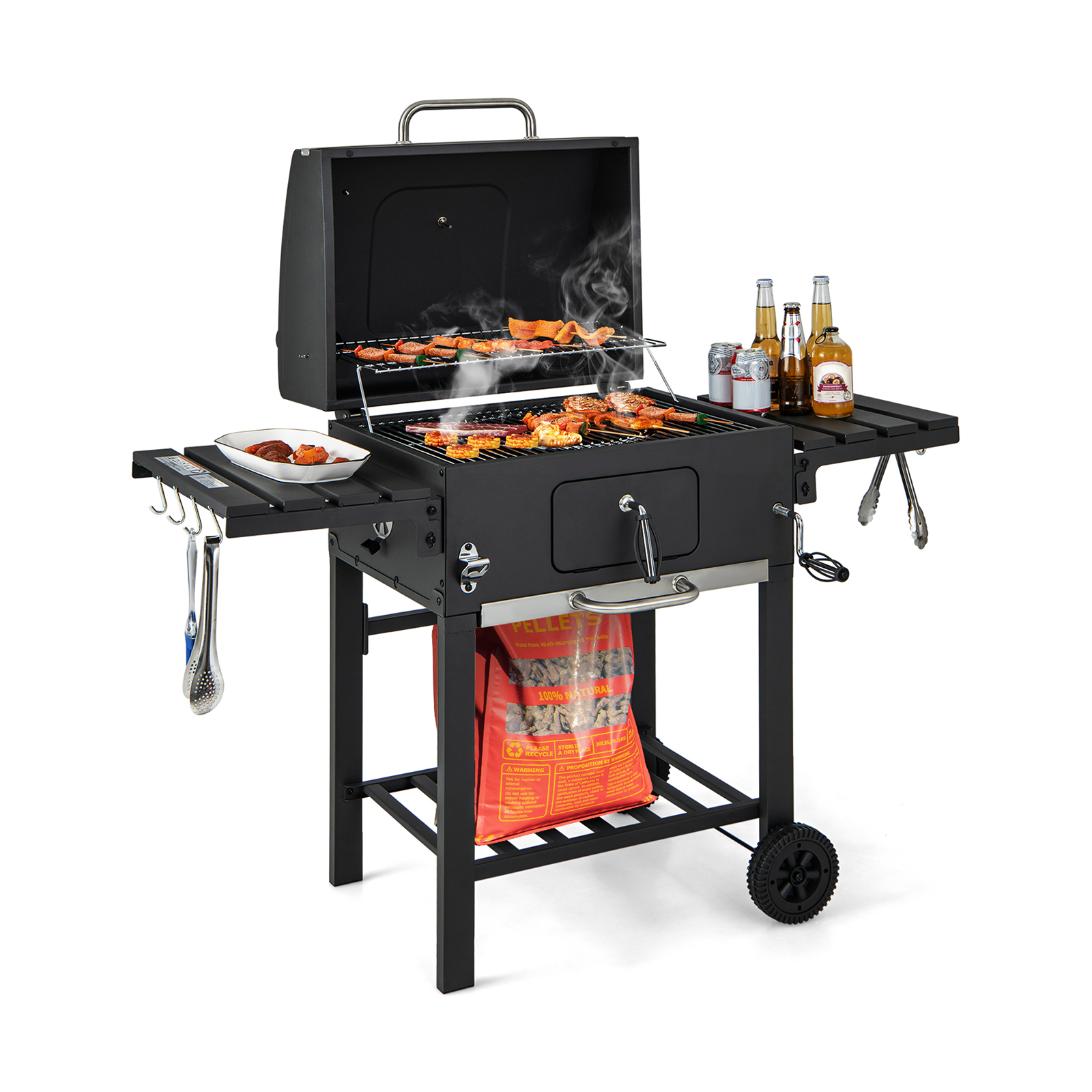 Charcoal BBQ Grill with Foldable Side Tables Hooks and Wheels - Savings Store