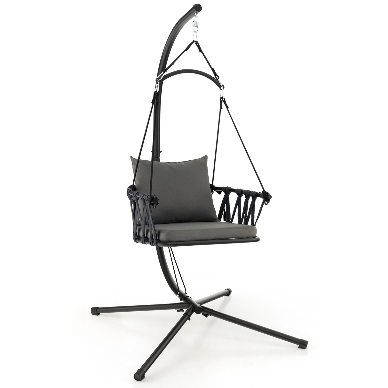 Indoor Outdoor Hanging Swing Chair with Stand and Woven Backrest-Grey - Savings Store
