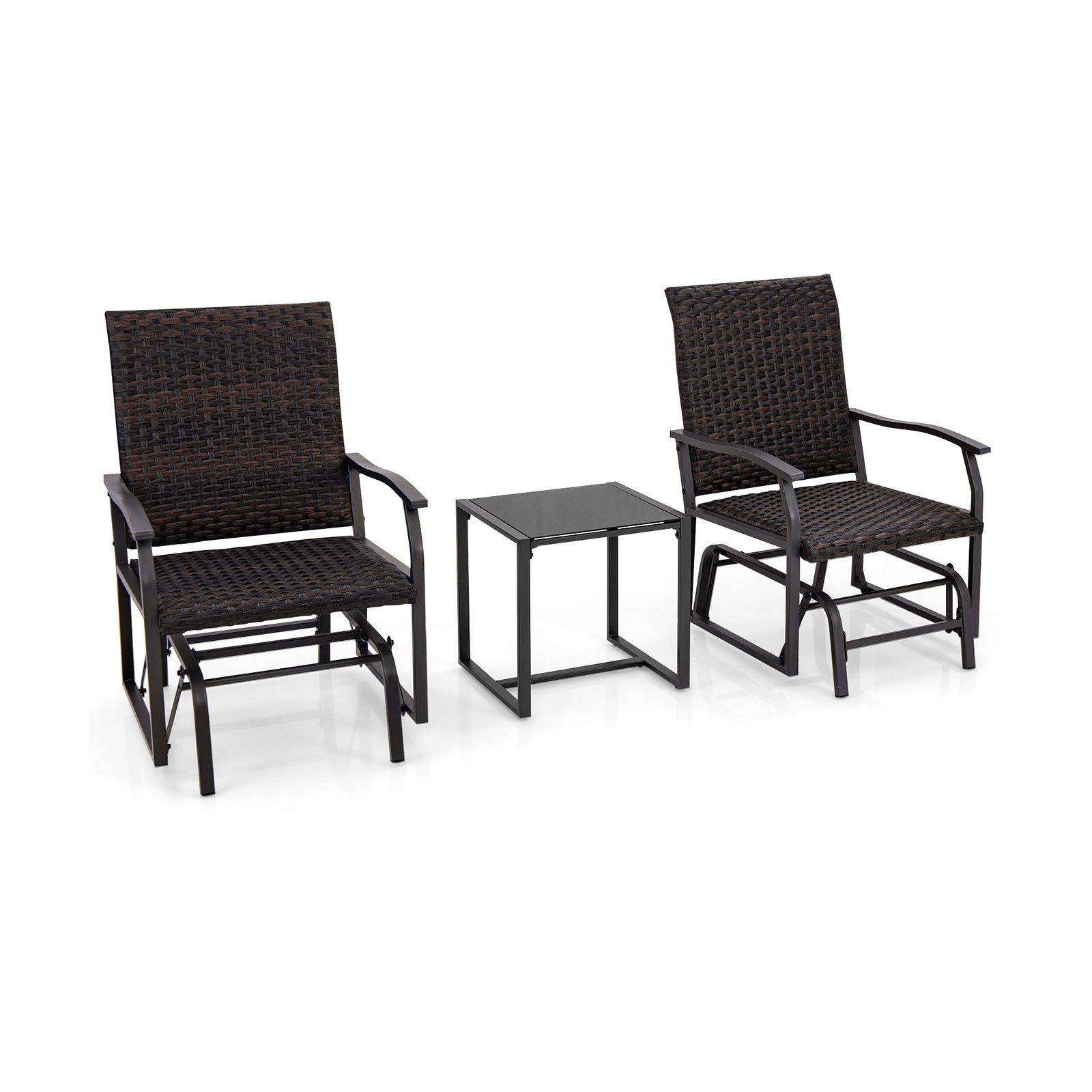 Garden Chair - 3 Piece Patio Gliding Set with Tempered Glass Coffee Table-Brown - Savings Store