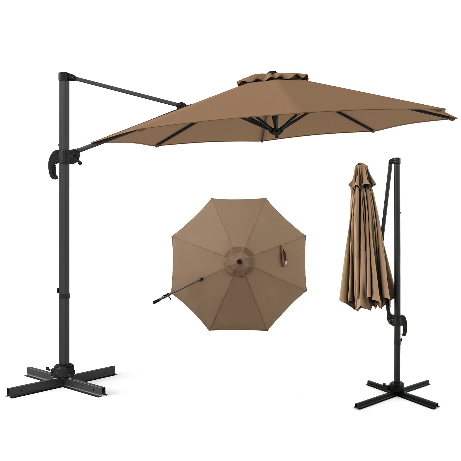 FIZE 294 x 248 cm Round Outdoor Patio Umbrella Cantilever Umbrella with 360deg Rotation for Backyard-Brown - Savings Store