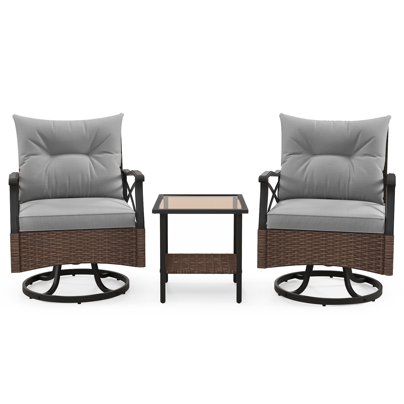 Patio Set - 3 Piece Patio Swivel Rocker Set with 2Tier Coffee Table - Grey - Savings Store