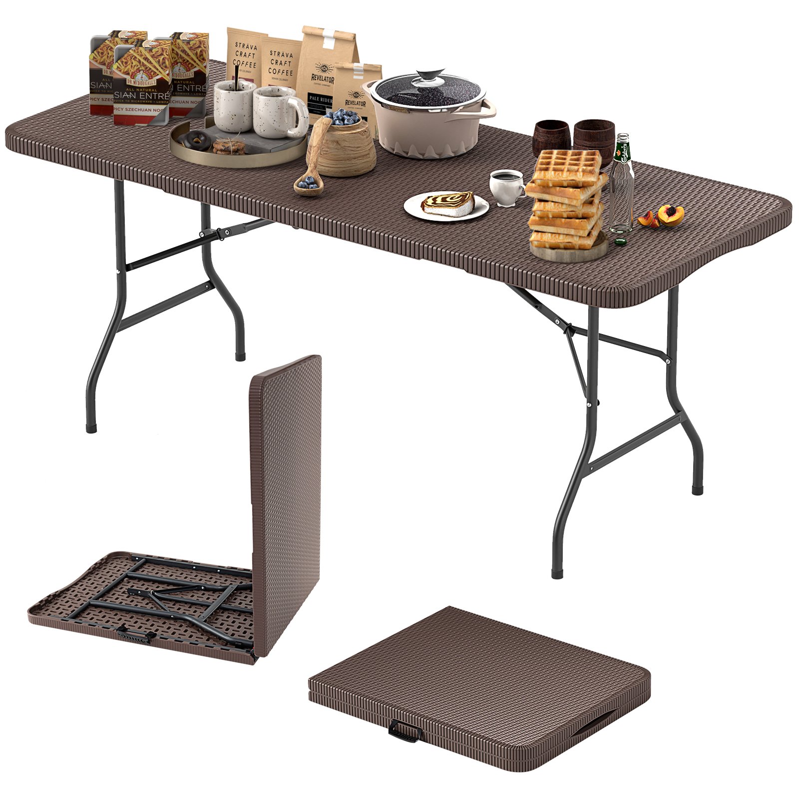 180cm Folding Table with Rattan-Like HDPE Tabletop and Safe Lock Mechanism-Coffee - Savings Store