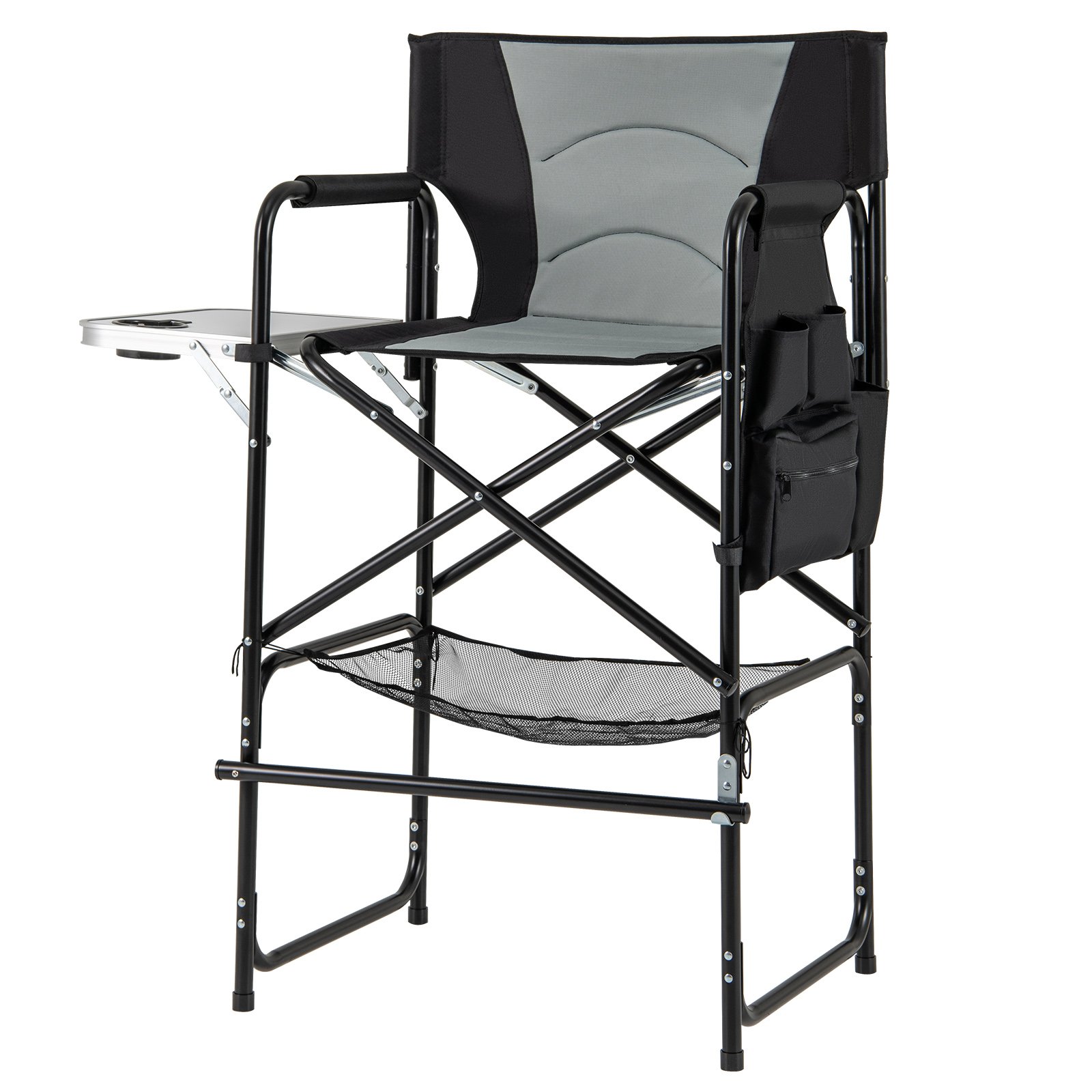 Directors Chair Folding Makeup Artist Chair with Foldable Side Table-Grey - Savings Store