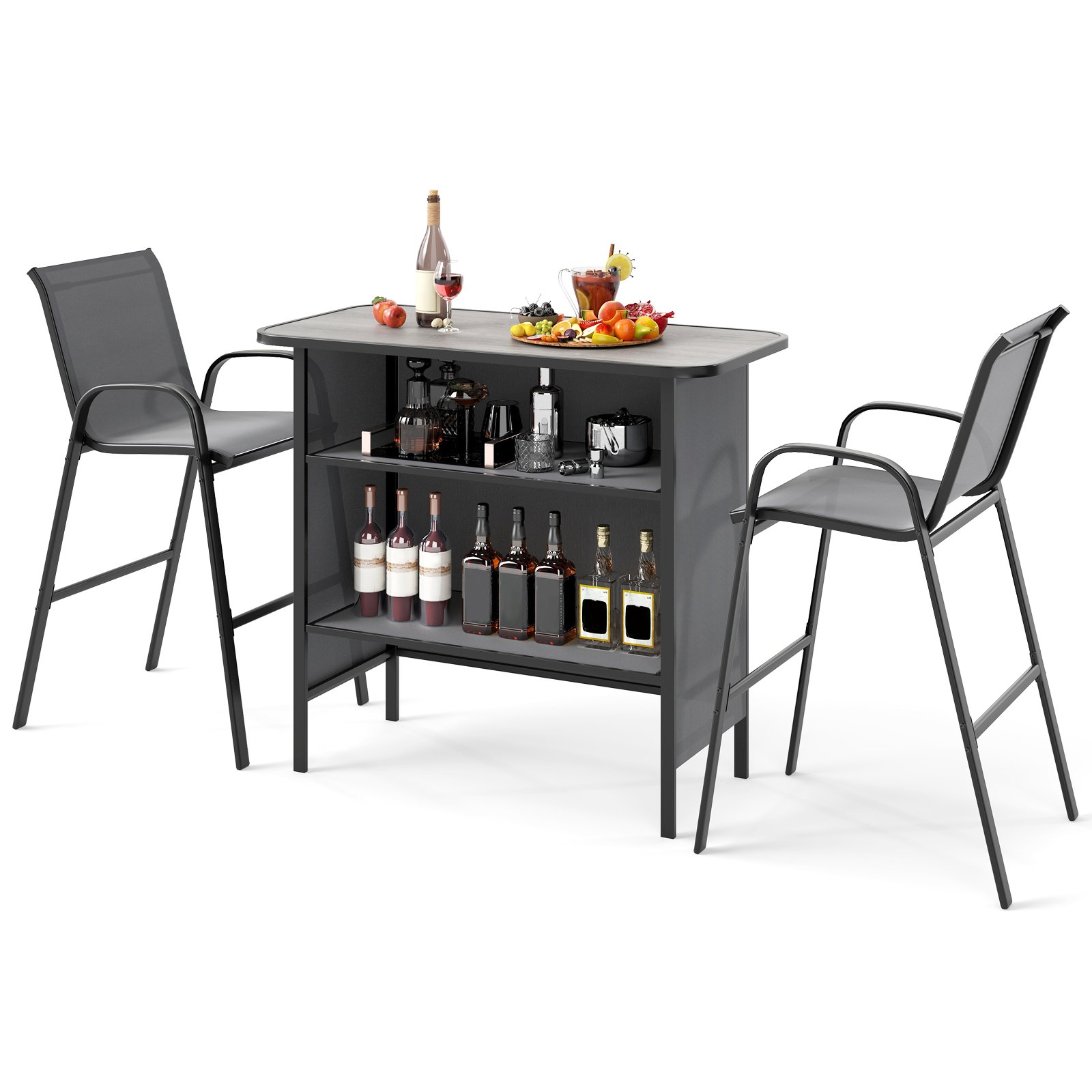 3 Piece Outdoor Bar Table and Chairs Set with Breathable Fabric-Grey - Savings Store