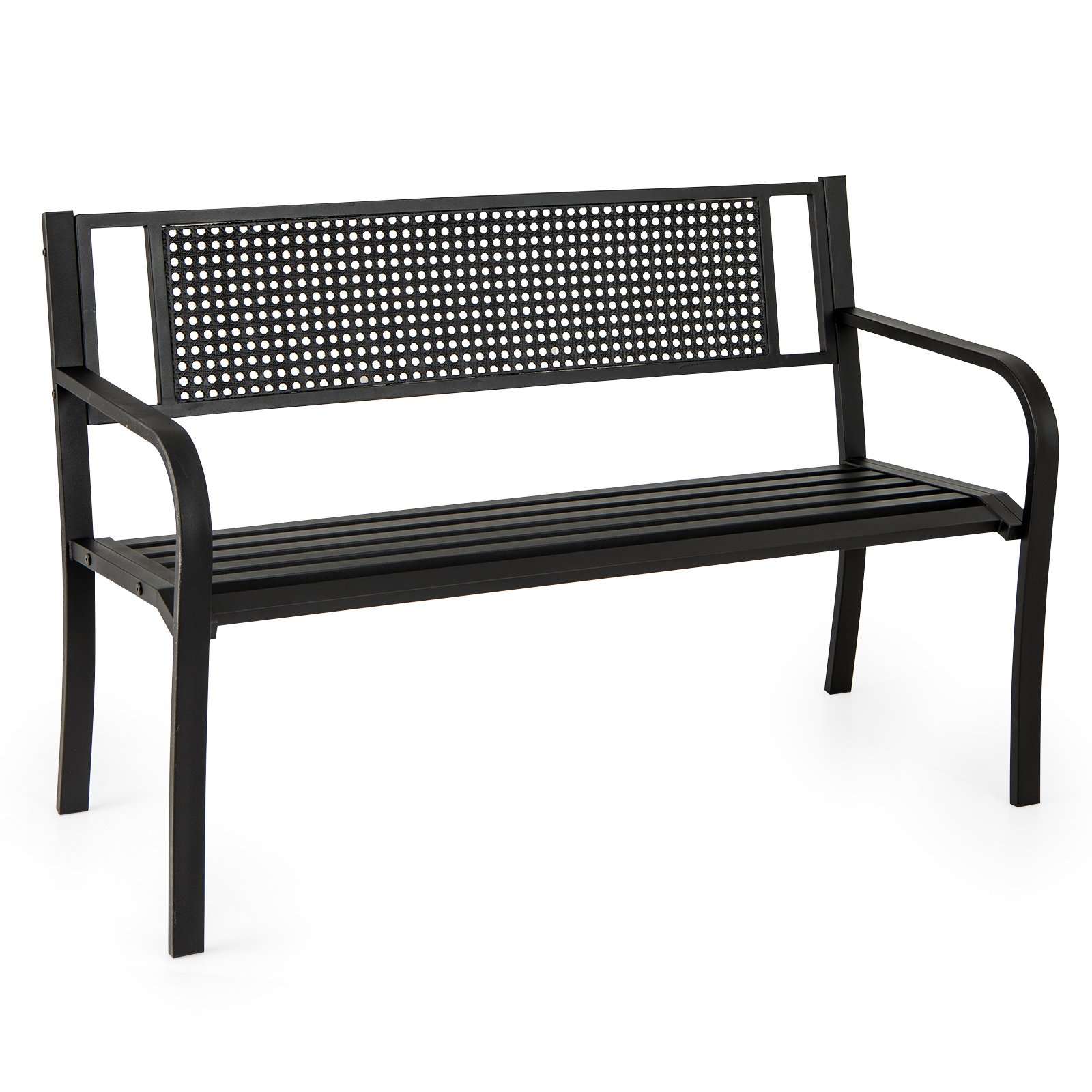 2-3-Persons Outdoor Garden Bench with Patterned Backrest and Curved Armrests-Black - Savings Store