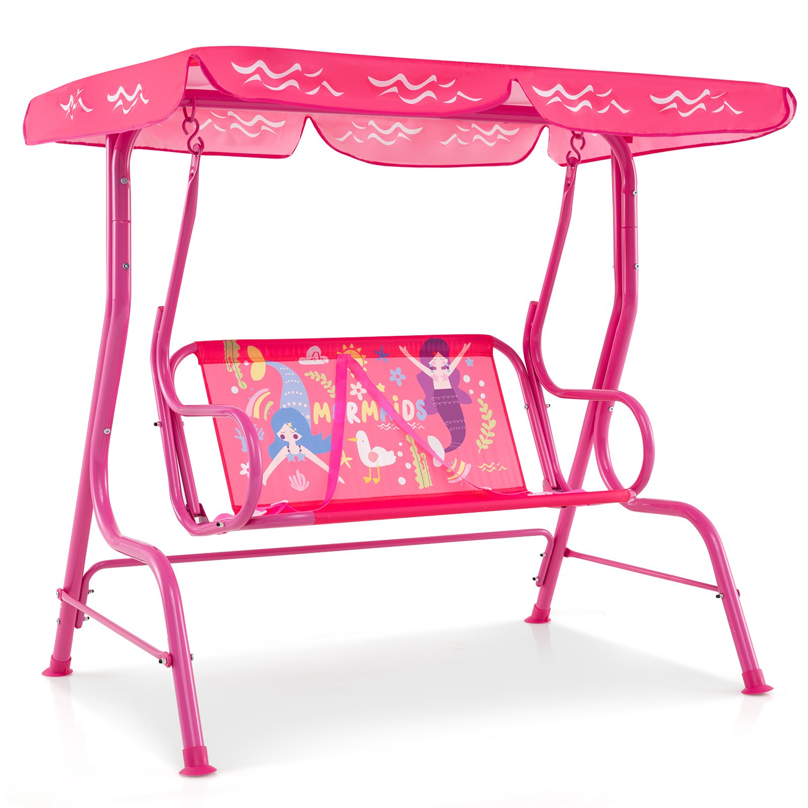 OVMY 2-Seater Kids Patio Swing Chair with Adjustable Canopy and Safety Belt-Pink - Savings Store