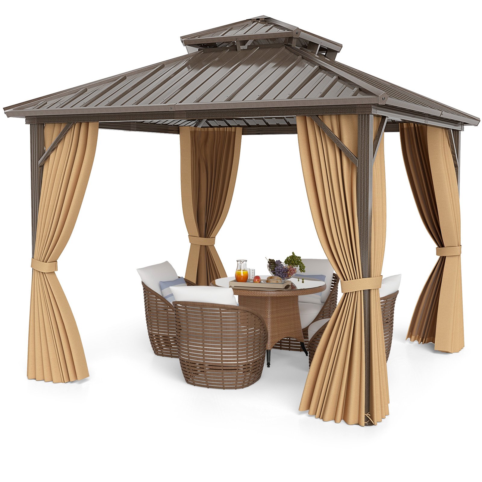 290 x 290 cm Hardtop Gazebo with Netting and Curtain and Double-Roof Metal Top-Coffee - Savings Store