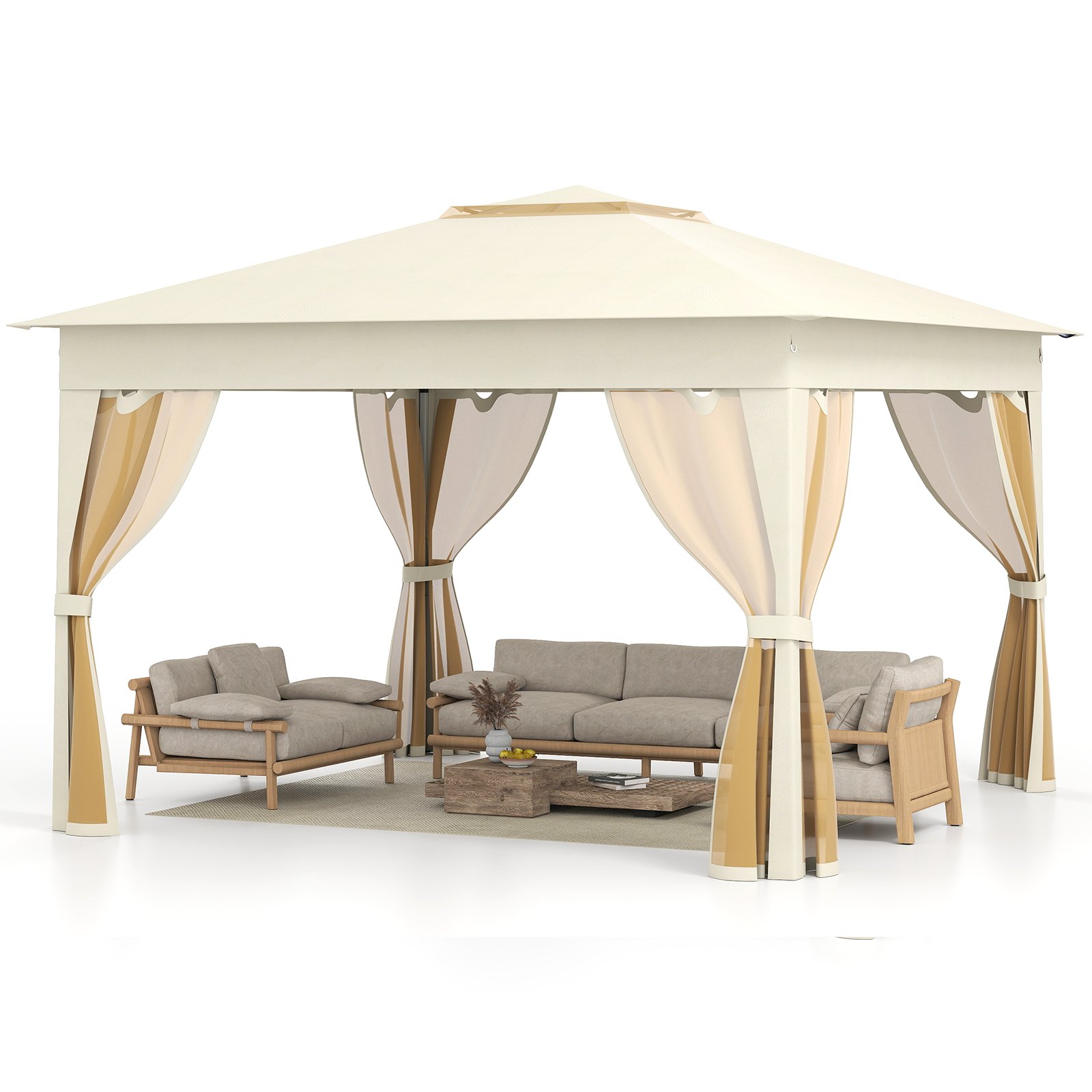 RAVEUR 338 x 338 CM Pop Up Gazebo with Mesh Netting and Double Roof-Beige - Savings Store