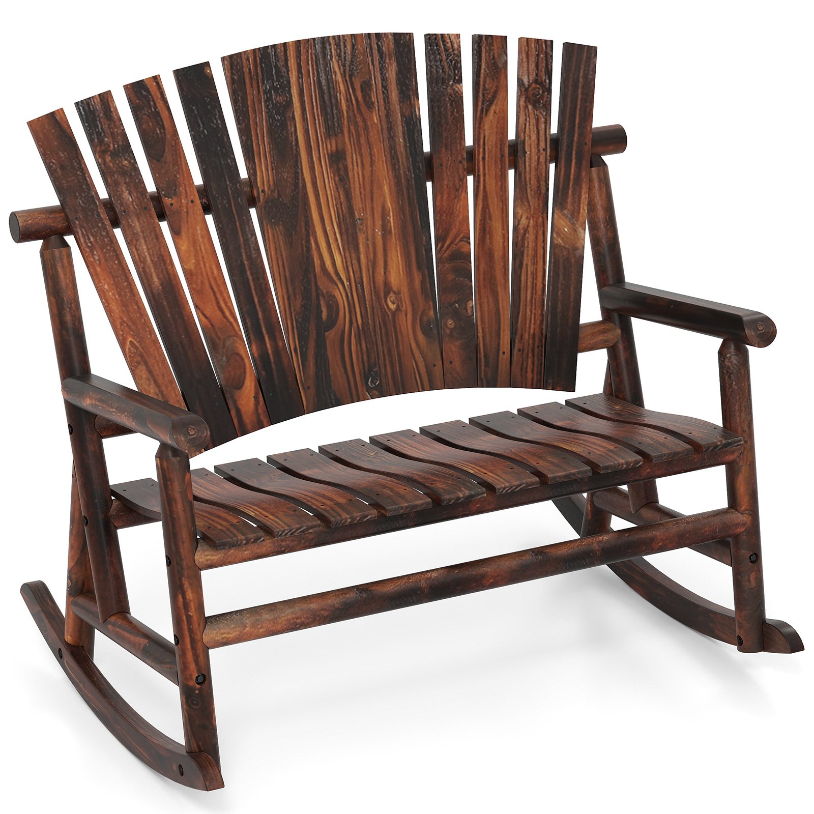 2-Person Outdoor Adirondack Rocking Chair with High Back and Slatted Seat-Brown - Savings Store