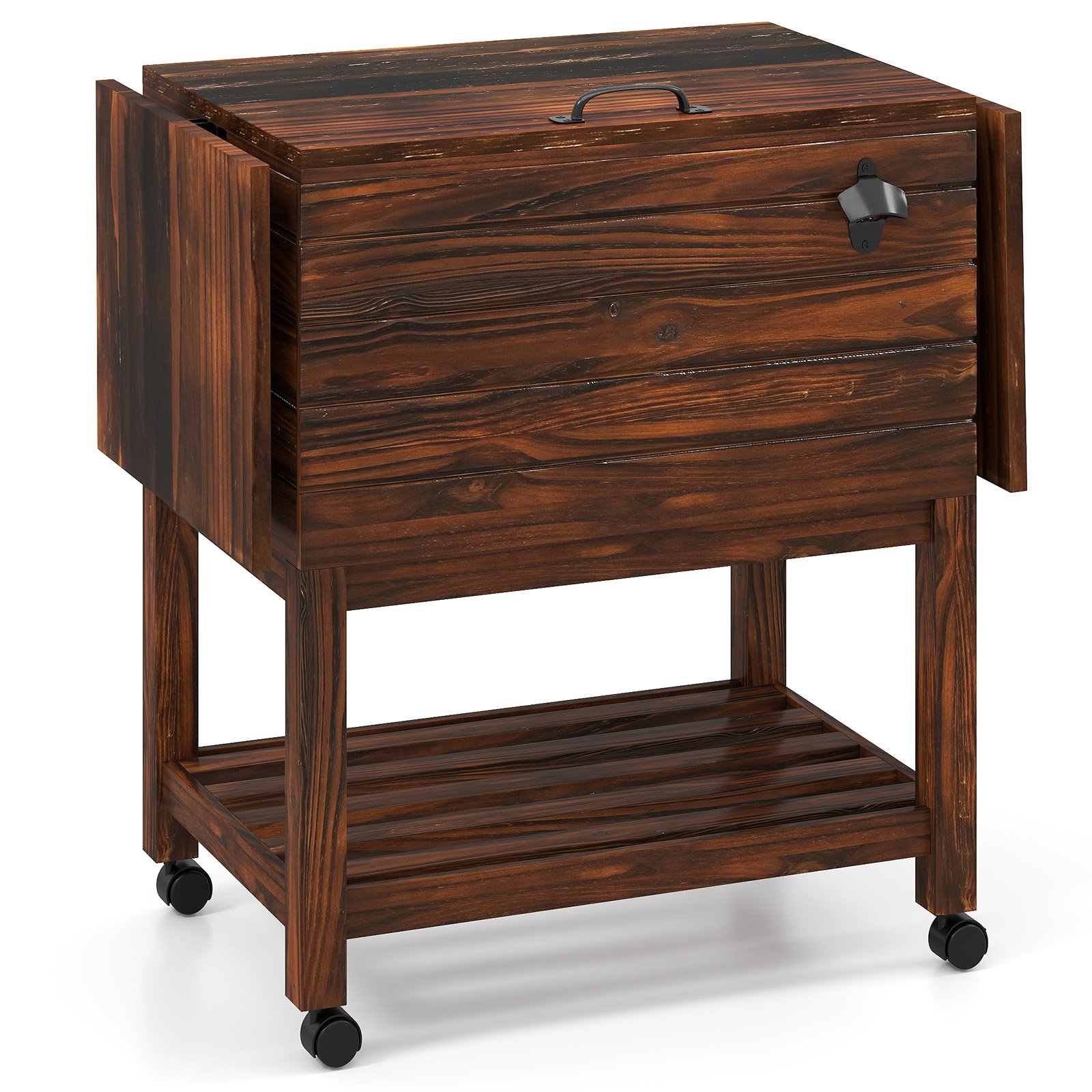 51L Rolling Wooden Patio Cooler Cart with 2 Drop Leaf Tables for Backyard BBQ-Rustic Brown - Savings Store