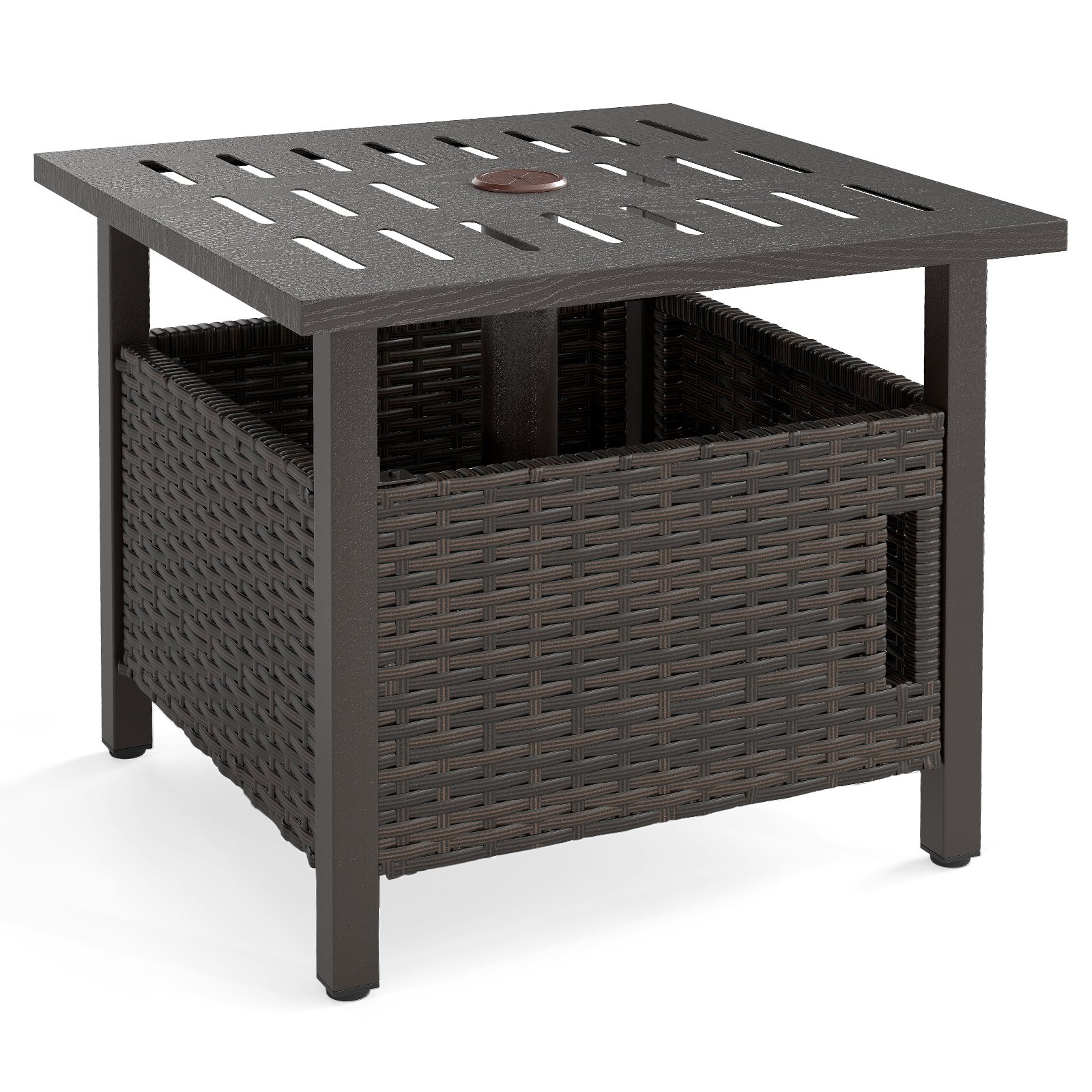 Outdoor Side Table with 2 Weighted Sand Bags and 4.9cm Umbrella Hole-Brown - Savings Store