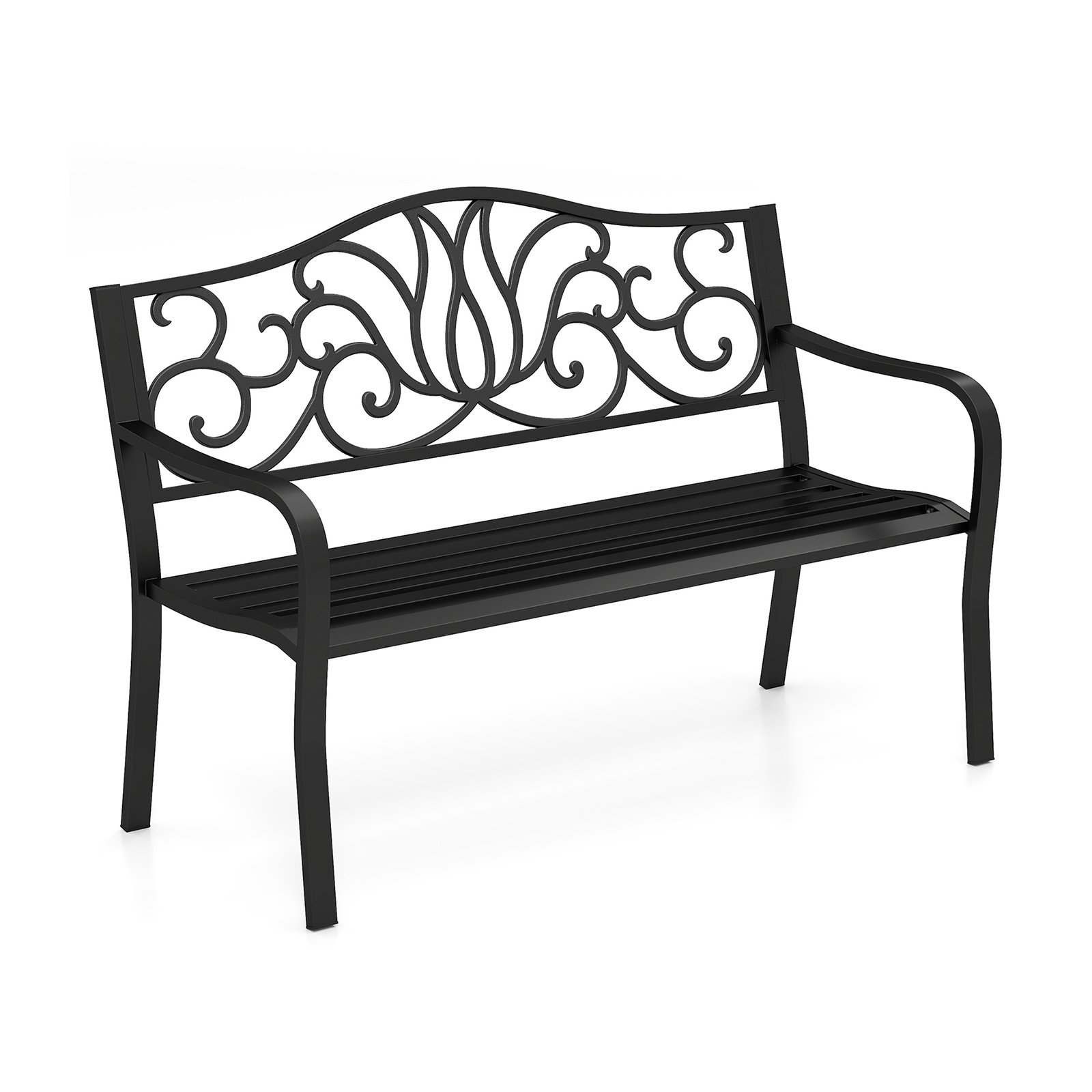 127CM Outdoor Garden Bench with Floral Design Backrest and Slatted Seat-Black - Savings Store