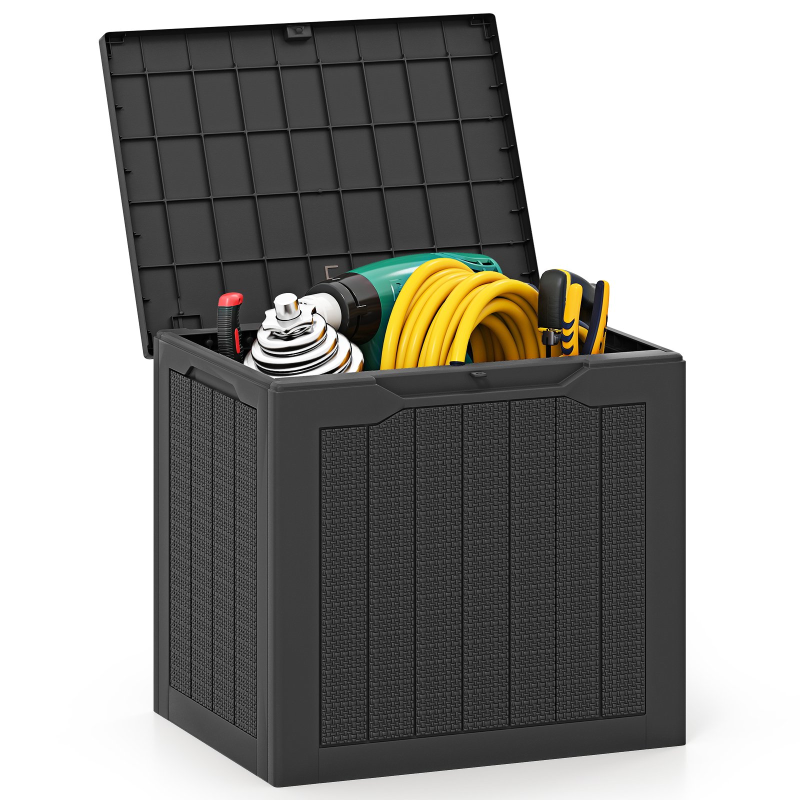 KENDRIX 96L Outdoor Storage Box with Lockable Lid and Wicker-woven Texture-Black - Savings Store
