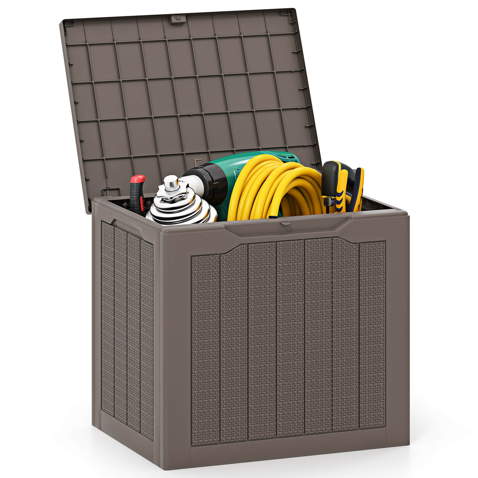 KENDRIX 96L Outdoor Storage Box with Lockable Lid and Wicker-woven Texture-Brown - Savings Store