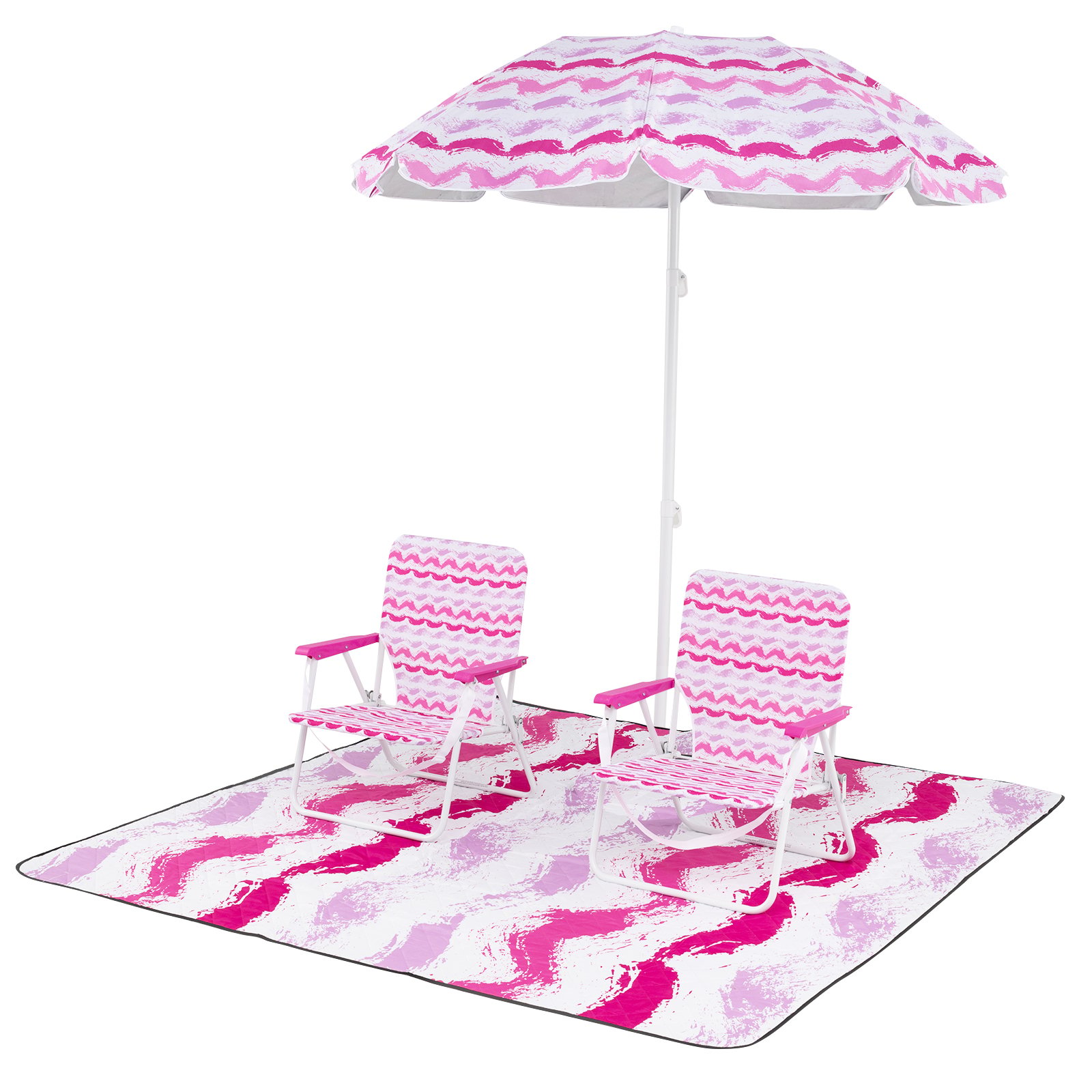 URNEA 4 Pieces Beach Umbrella Set with 2 Foldable Chairs and Picnic Blanket-Pink - Savings Store