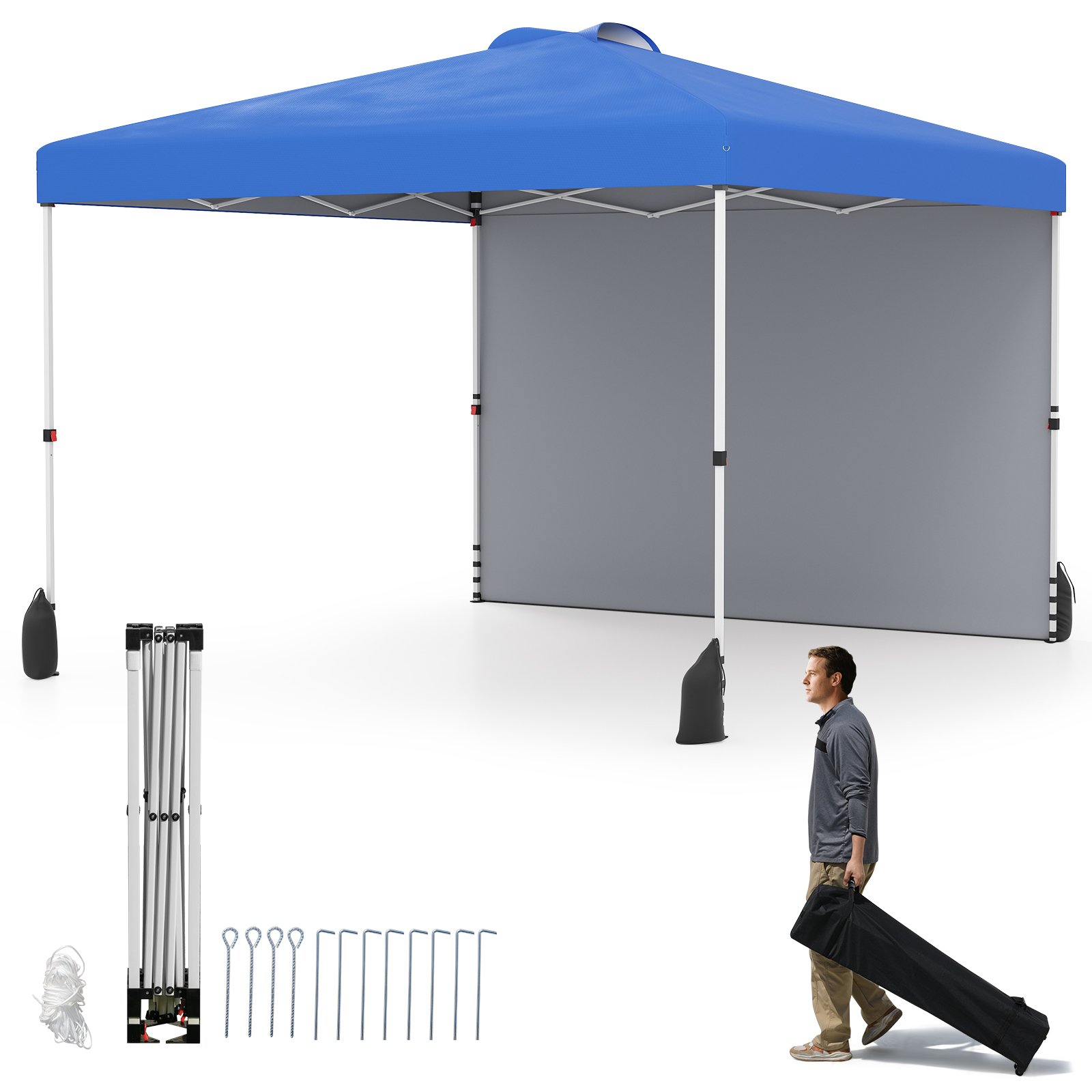 ZEXO 3 x 3 m Pop up Canopy Tent with 1 Sidewall Wheeled Bag-Blue - Savings Store