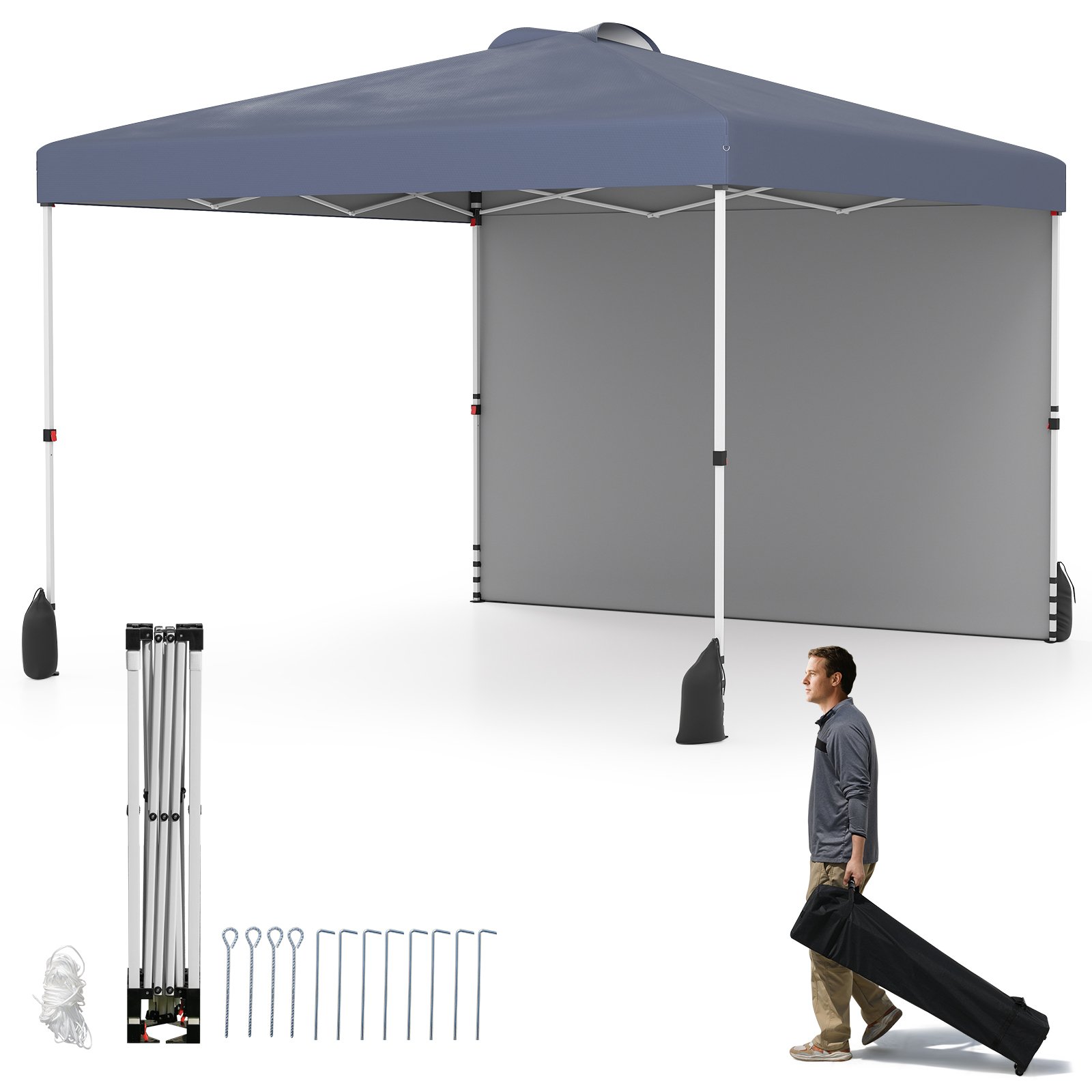 ZEXO 3 x 3 m Pop up Canopy Tent with 1 Sidewall Wheeled Bag-Grey - Savings Store